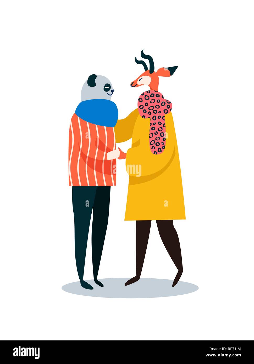 Deux amis animaux hugging and smiling together. Panda, Gazelle illustration isolées sur fond blanc avec copie espace, espèces en specias pro Illustration de Vecteur