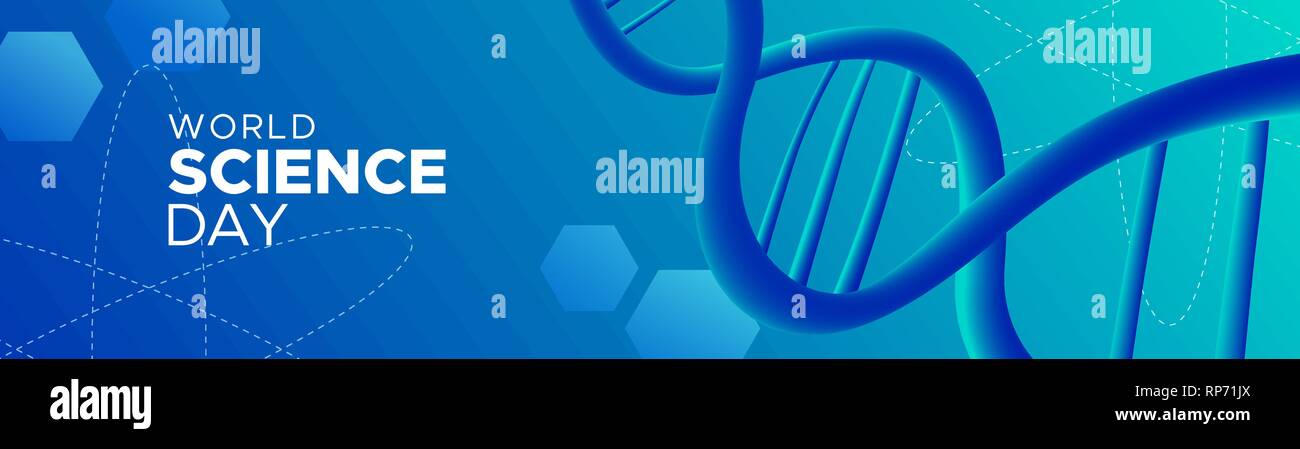 Journée mondiale de la science Les bandeaux web illustration. Résumé fond dégradé bleu avec de l'ADN pour la recherche scientifique la célébration. Illustration de Vecteur