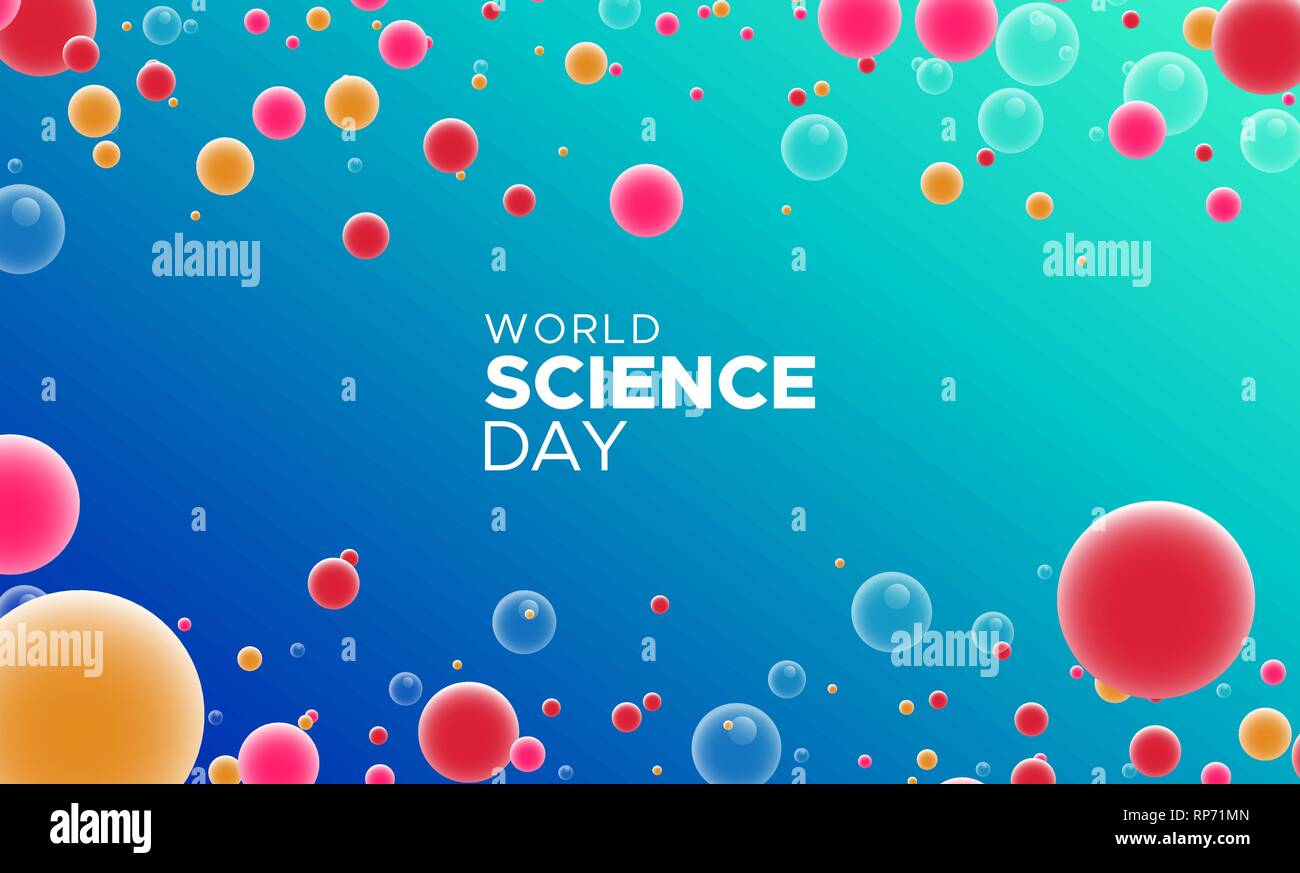 Journée mondiale de la science résumé illustration. Arrière-plan coloré avec des bulles sous microscope pour célébration de la recherche scientifique. Illustration de Vecteur