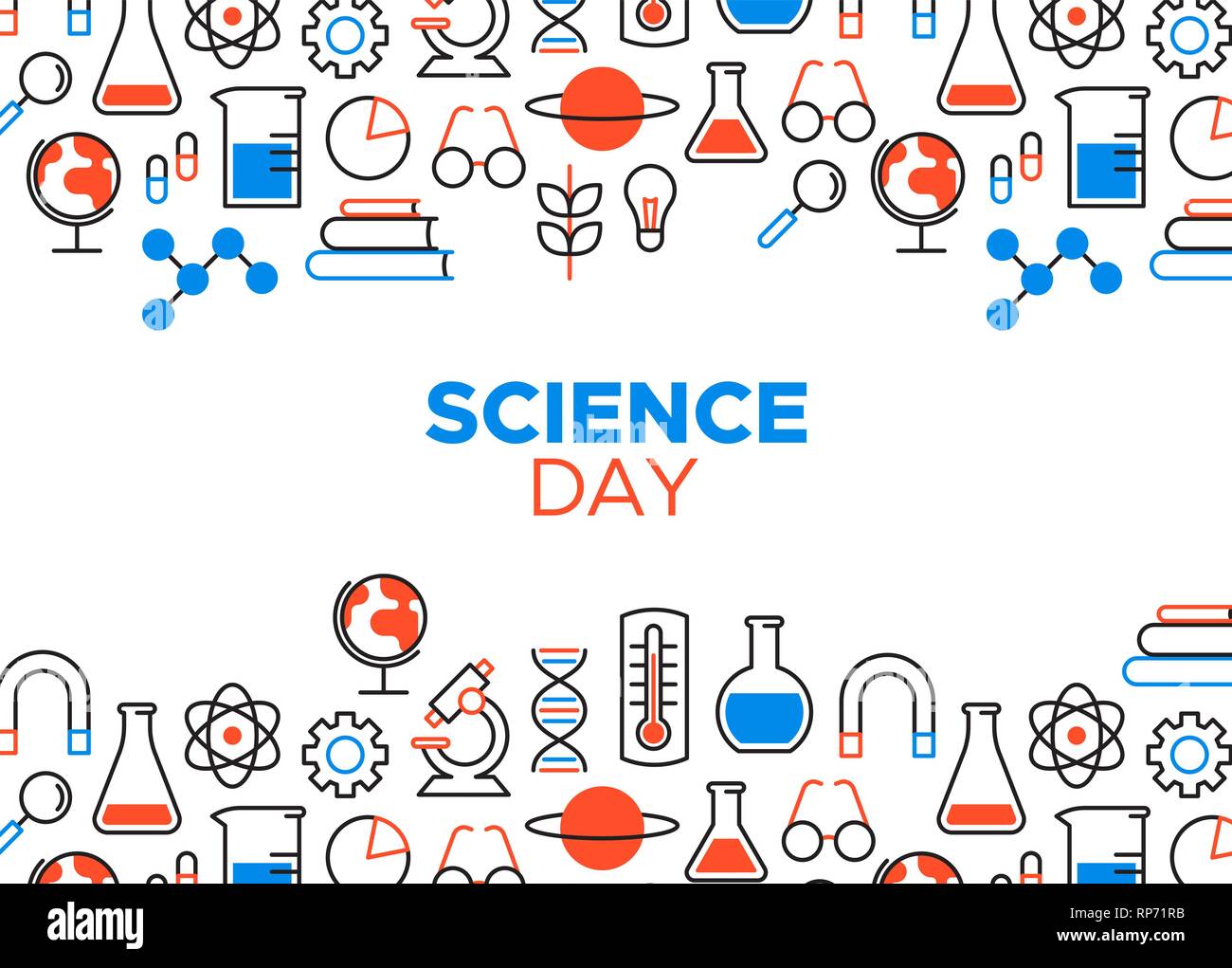 Carte Journée scientifique illustration. Contours icônes de couleur bleue pour célébration de la recherche scientifique. Microscope comprend, de la chimie et de l'éducation trop ballon Illustration de Vecteur