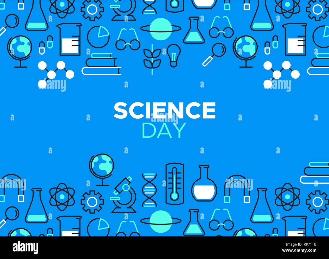 Journée mondiale de la science illustration. Contours icônes de couleur bleue pour célébration de la recherche scientifique. Microscope comprend, de la chimie et de l'éducation pour ballon Illustration de Vecteur