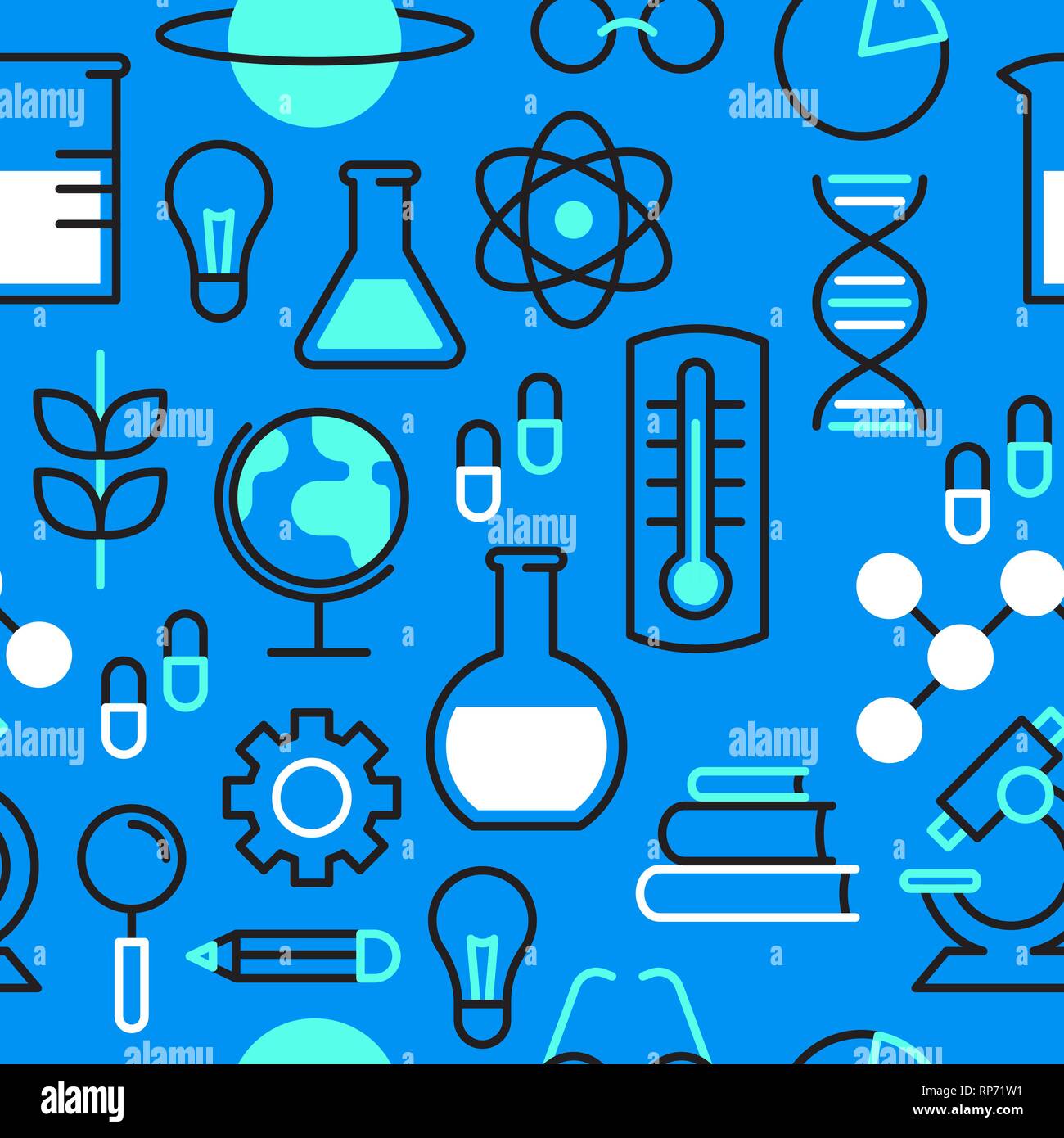 Motif de fond transparente la science avec icônes de couleur bleue pour la recherche scientifique concept. Microscope comprend, chimie ballon et educati Illustration de Vecteur