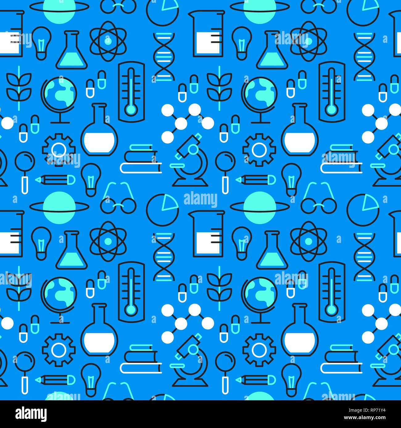 Motif de fond transparente la science avec icônes de couleur bleue pour la recherche scientifique concept. Microscope comprend, chimie ballon et educati Illustration de Vecteur