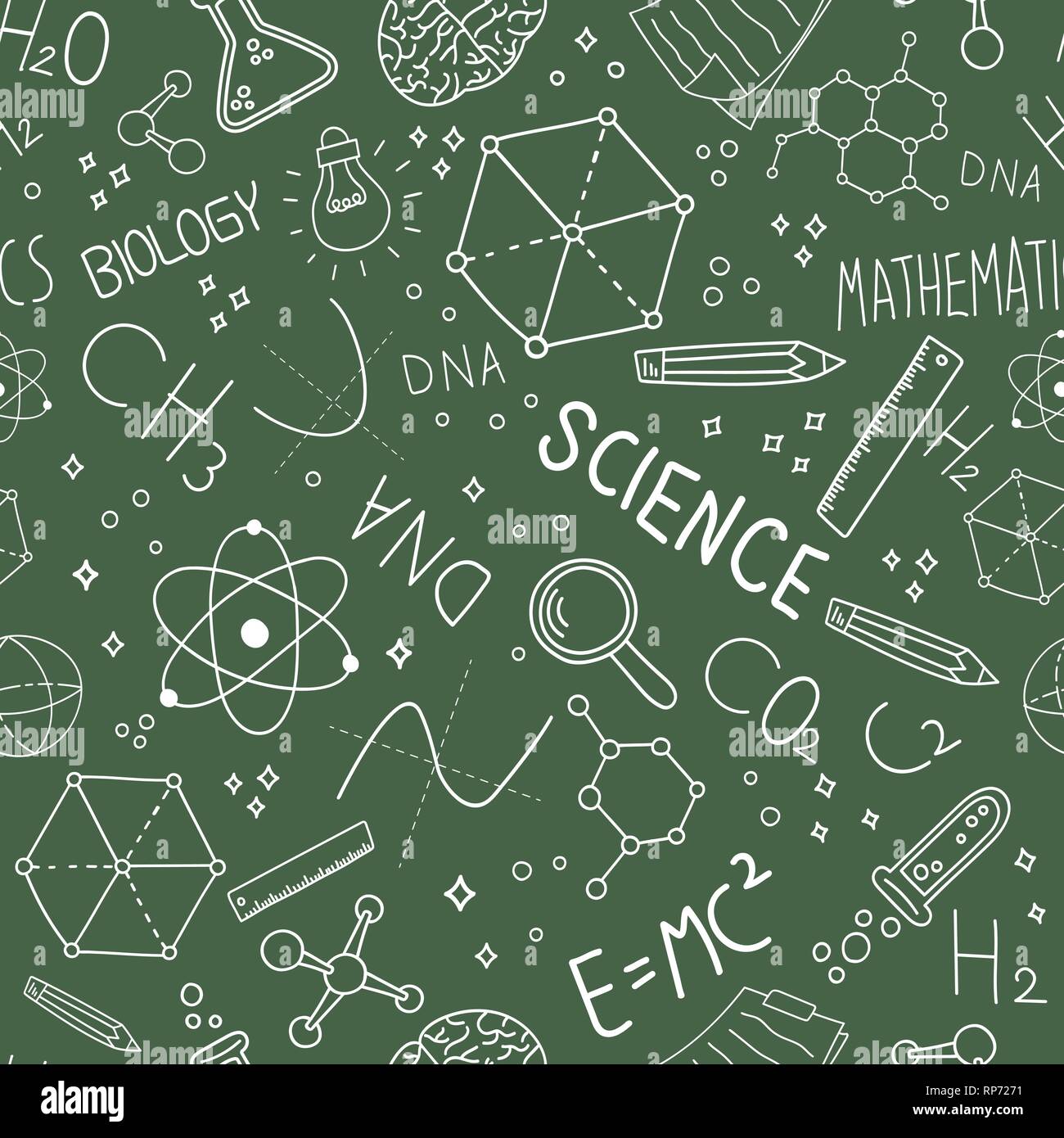 Science concept modèle homogène d'icônes doodle sur tableau noir vert arrière-plan pour l'éducation et de la recherche. Illustration de Vecteur