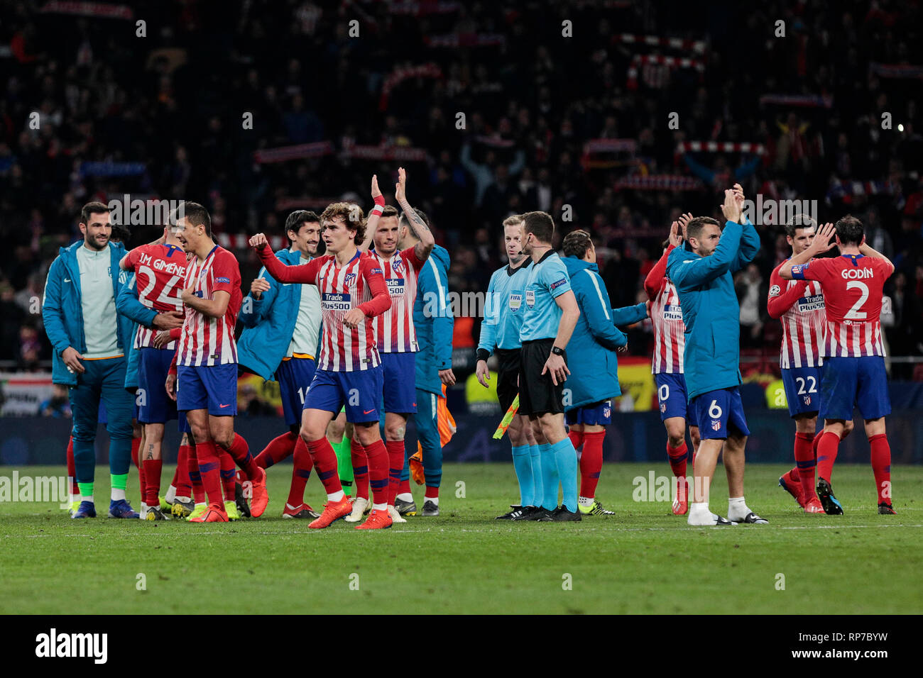 Les joueurs de l'Atlético de Madrid vu célébrer au cours de l'UEFA Champions League, ronde de 16, 1ère manche entre l'Atletico de Madrid et à la Juventus Stadium Wanda Metropolitano de Madrid, Espagne. Banque D'Images