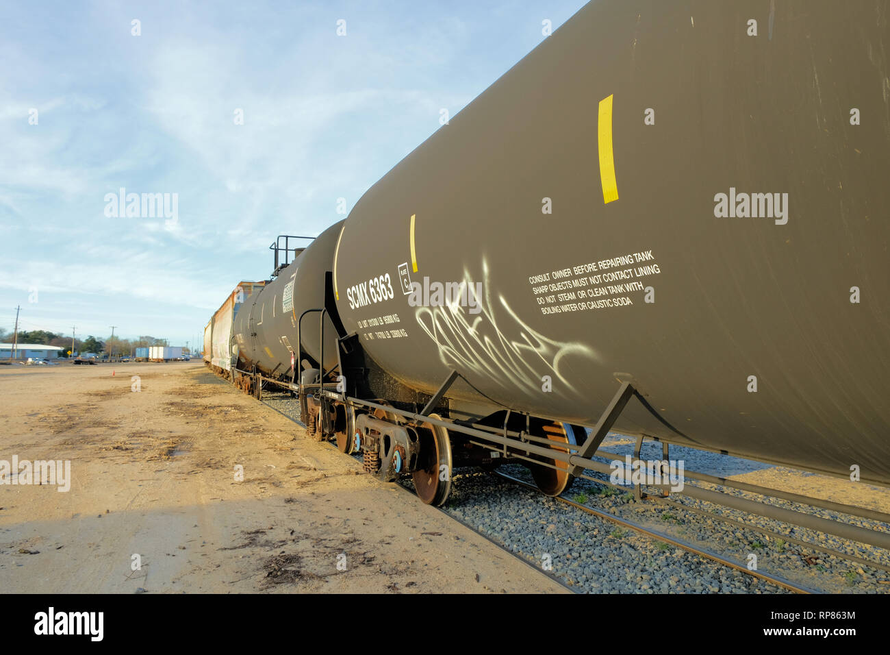 Former pour le transport pétrolier Classe 3 Liquides inflammables par chemin de fer ; le transport ferroviaire pour les produits chimiques ; Bryan, Texas, USA. Banque D'Images