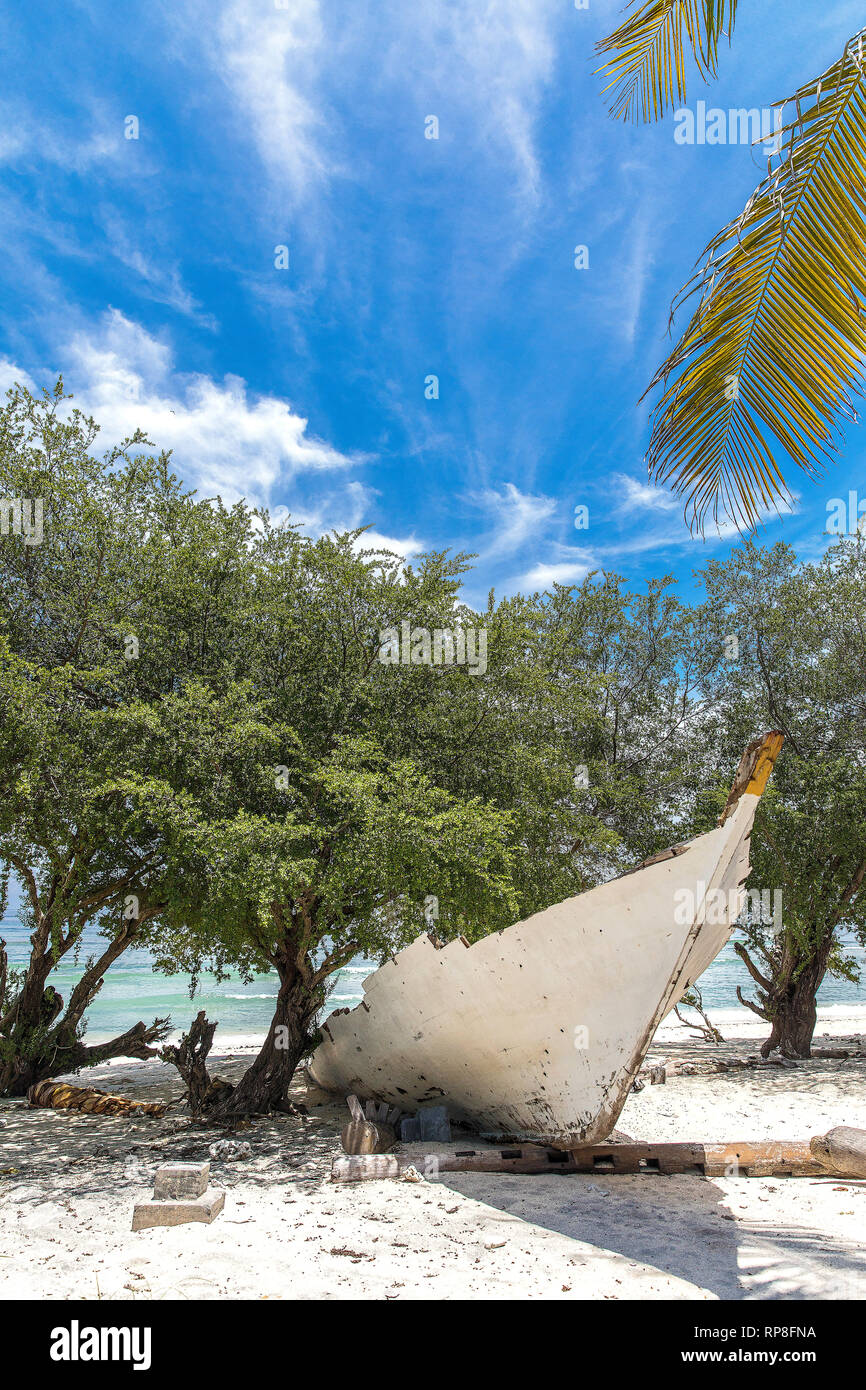 L'Indonésie, l'ancien bateau blanc sur le front de mer sur l'île de Gili Trawangan et le dragon-comme l'arbre. Banque D'Images