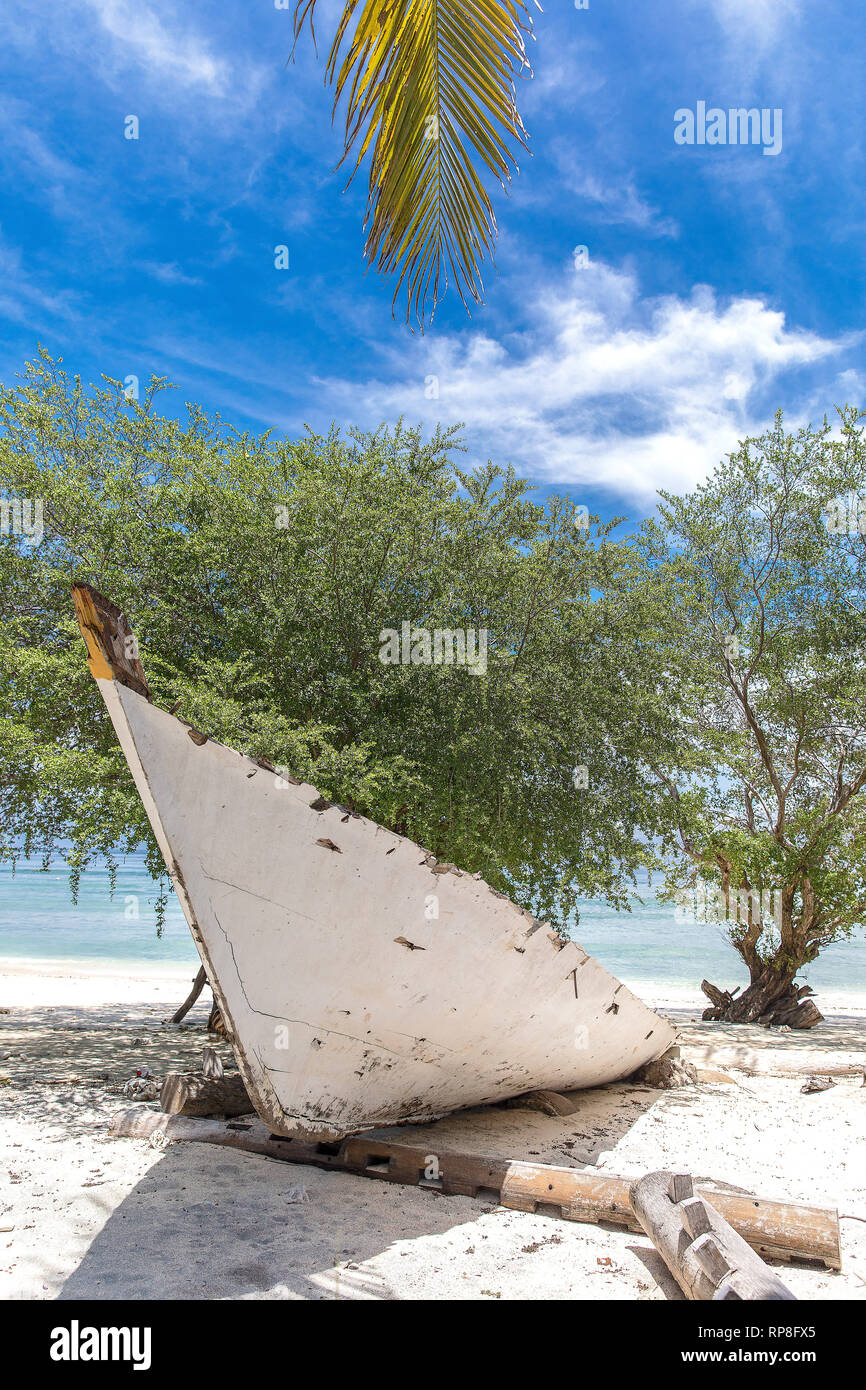 L'Indonésie, l'ancien bateau blanc sur le front de mer sur l'île de Gili Trawangan et le dragon-comme l'arbre. Banque D'Images