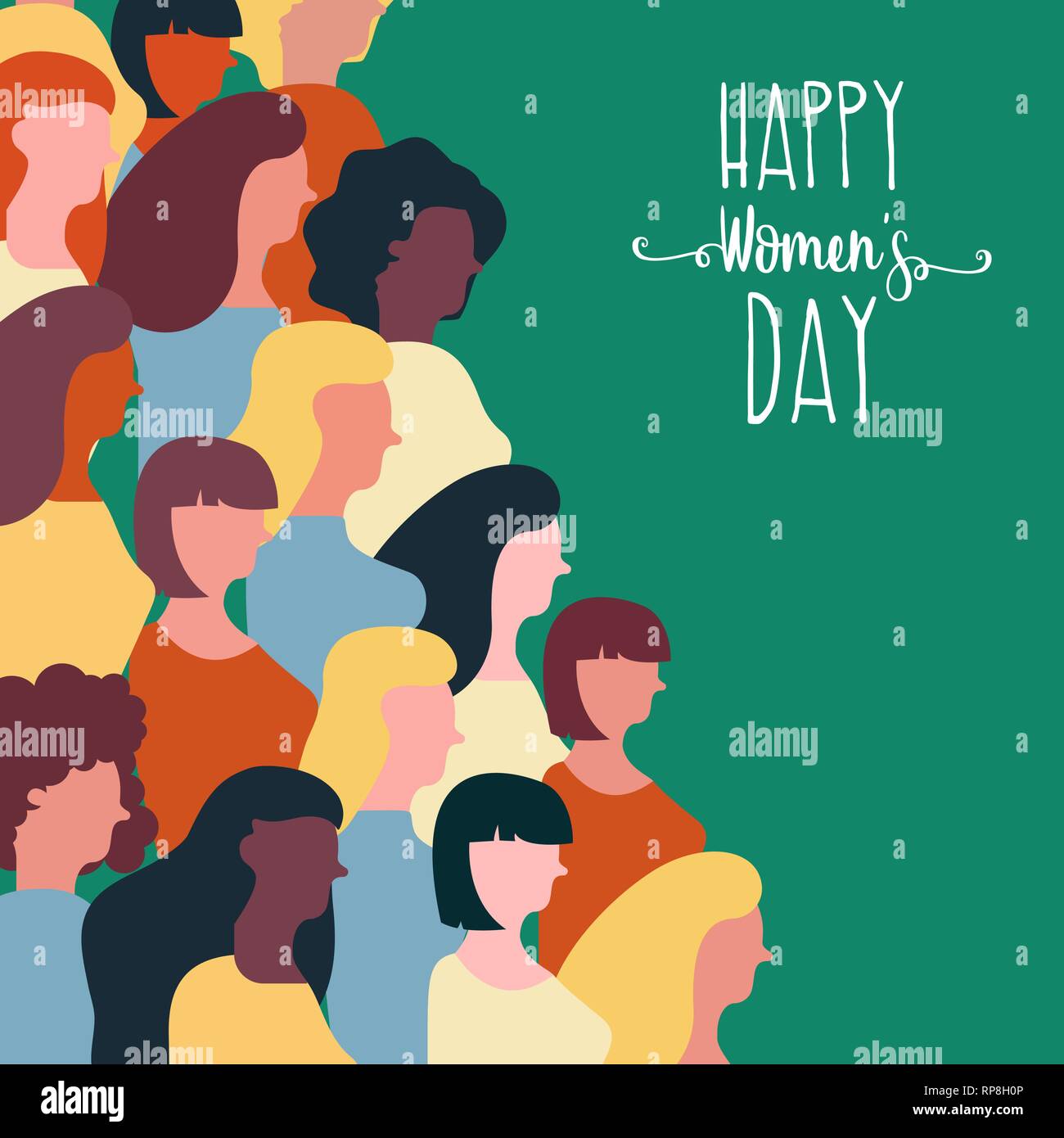 Heureux Jour Femmes illustration pour l'égalité de droits des femmes. Femme de couleur de diverses cultures de groupe ensemble à l'événement spécial. Illustration de Vecteur