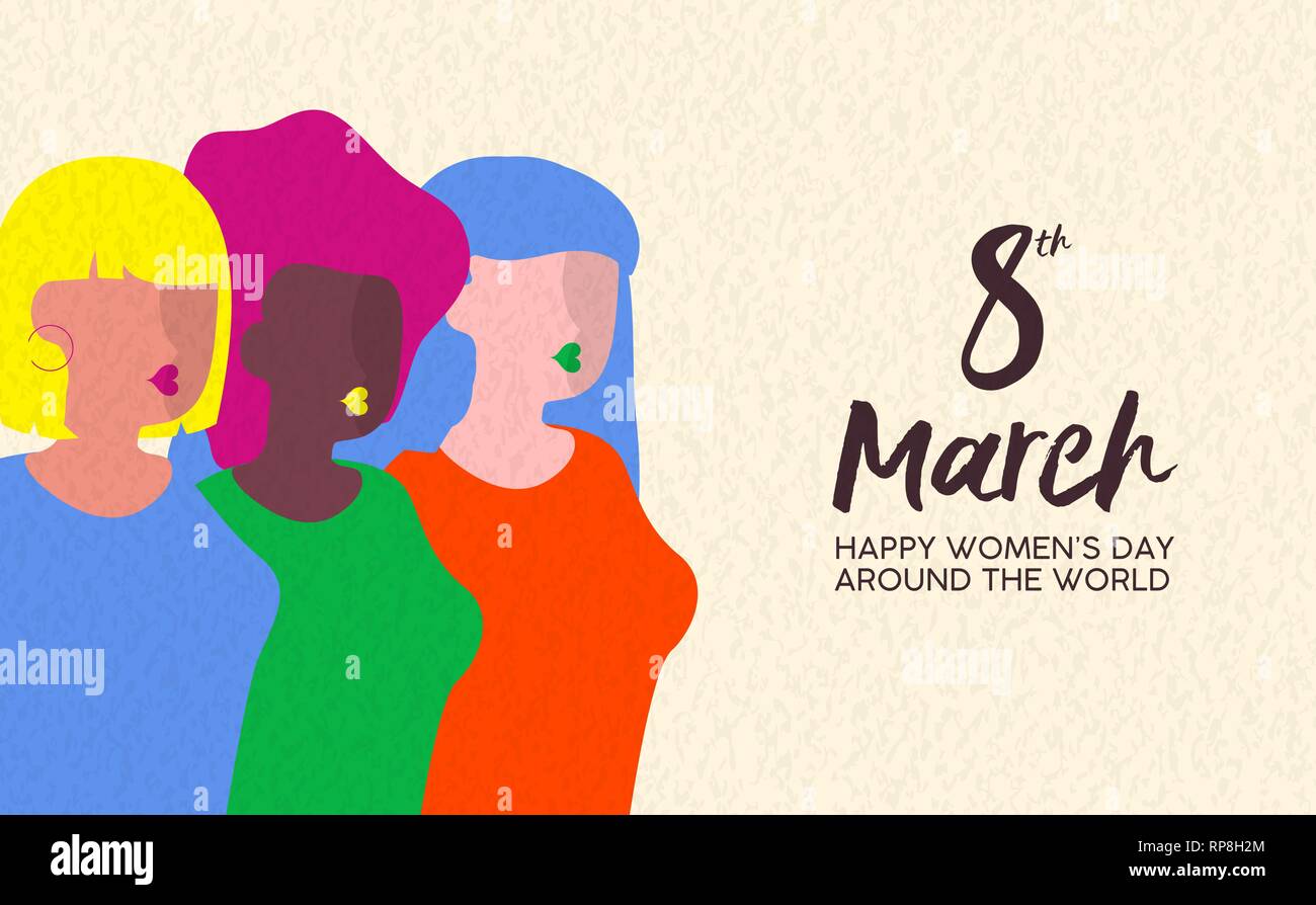 Heureux Jour Femmes illustration pour l'égalité de droits des femmes. Femme de couleur de diverses cultures de groupe ensemble à l'événement spécial. Illustration de Vecteur