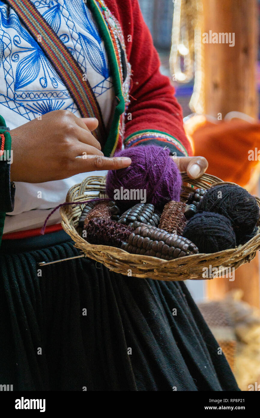 Femme en costume traditionnel se prépare et des teintures de fils d'alpaga à Vallée sacrée, région de Cuzco, Pérou. Banque D'Images