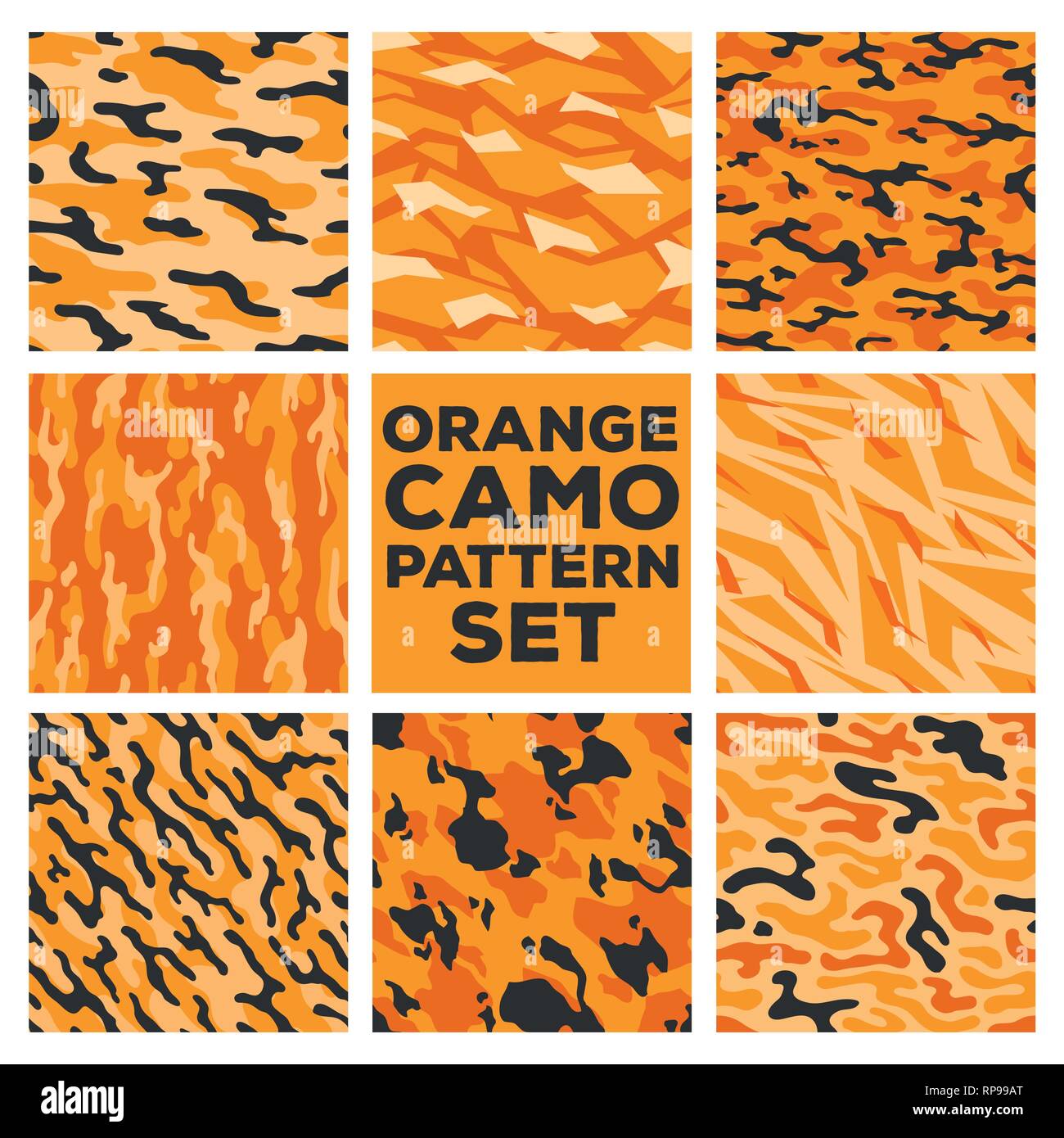 Motifs de camouflage Orange. Collection de 8 seamless pattern set. vector illustration de fond pour la bannière, toile, web, mode, design de surface Illustration de Vecteur