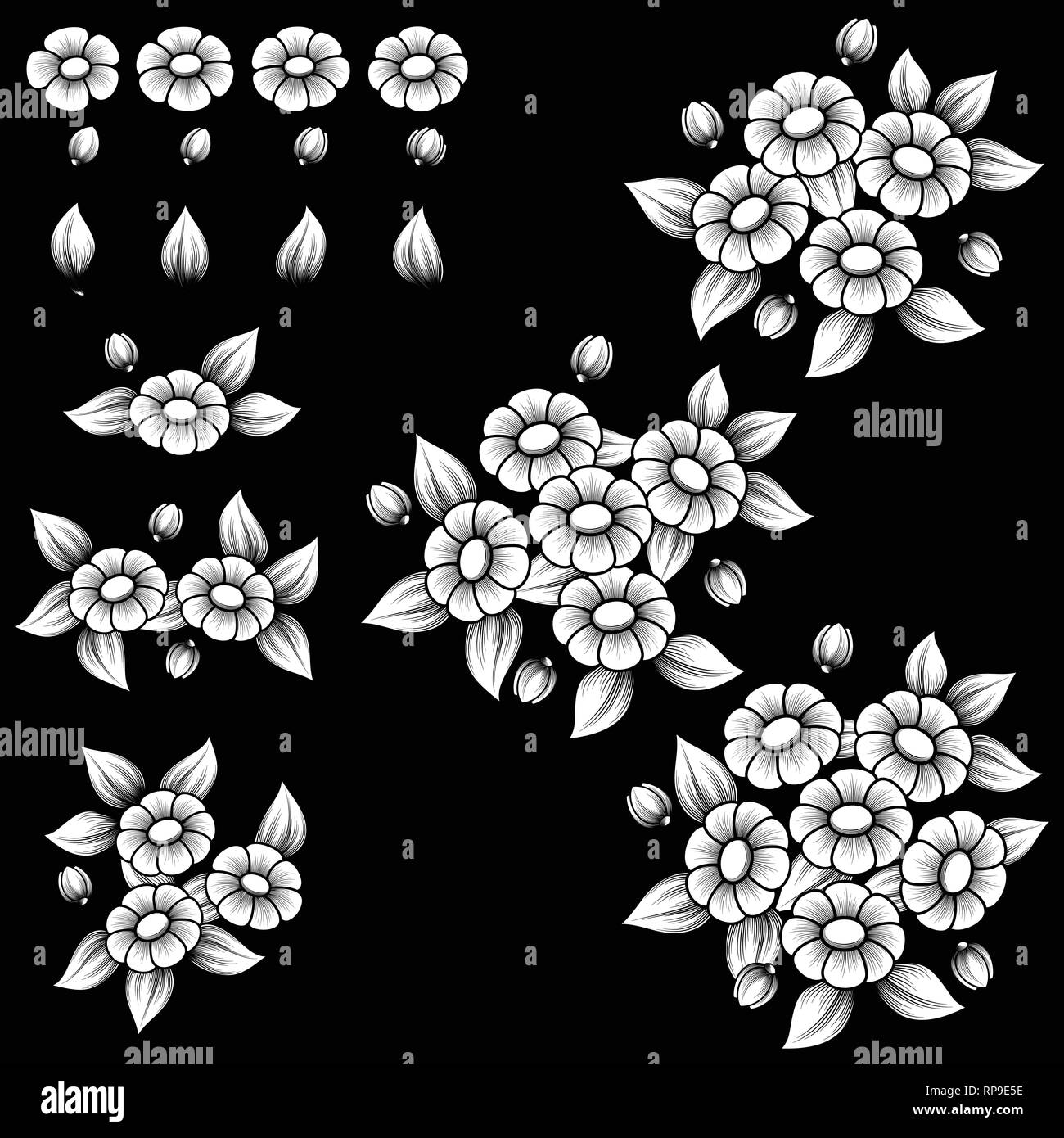 Les éléments floraux blanc avec différents bouquets isolé sur fond noir Illustration de Vecteur