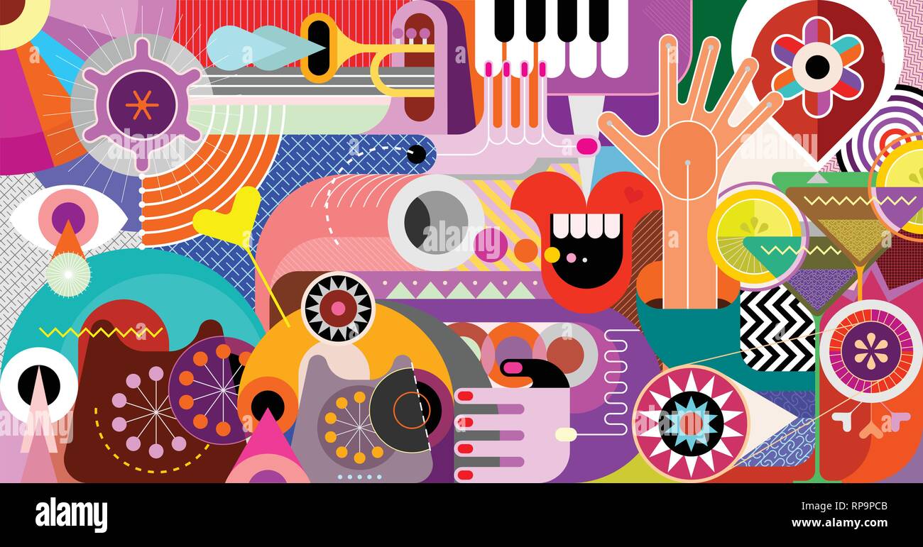 Art design avec trompette, clavier de piano, de cocktails et de téléphones obsolètes illustration vectorielle. Résumé arrière-plan musical. Illustration de Vecteur