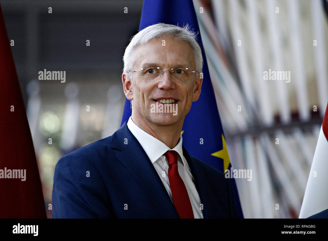 Bruxelles, Belgique. 21 février 2019. Premier Ministre de la Lettonie Krisjanis KARINS est accueilli par le président du Conseil européen, Donald Tusk en amont d'une rencontre au Conseil européen . Alexandros Michailidis/Alamy Live News Banque D'Images