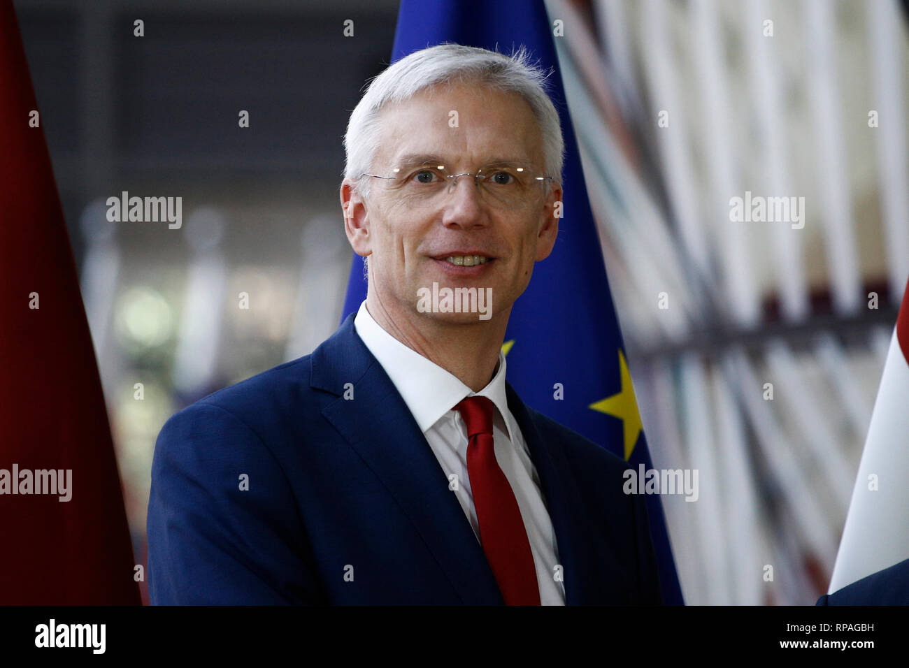 Bruxelles, Belgique. 21 février 2019. Premier Ministre de la Lettonie Krisjanis KARINS est accueilli par le président du Conseil européen, Donald Tusk en amont d'une rencontre au Conseil européen . Alexandros Michailidis/Alamy Live News Banque D'Images