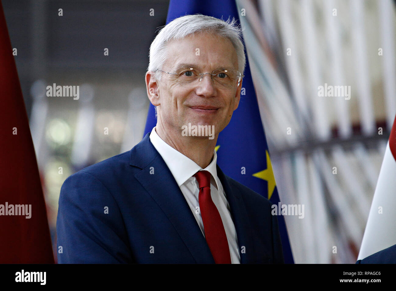 Bruxelles, Belgique. 21 février 2019. Premier Ministre de la Lettonie Krisjanis KARINS est accueilli par le président du Conseil européen, Donald Tusk en amont d'une rencontre au Conseil européen . Alexandros Michailidis/Alamy Live News Banque D'Images