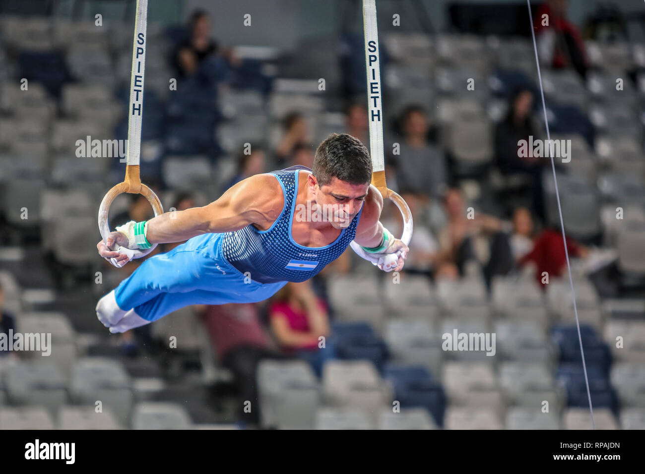 Melbourne, Victoria, Australie. 21 févr. 2019. Coupe du Monde de Gymnastique - Jour 1 qualifications - 21 février 2019 - Aréna de Melbourne, Melbourne, Victoria, Australie.Joints toriques concurrent Federico Molinari représentant ARG au cours de sa routine. Credit : brett keating/Alamy Live News Banque D'Images