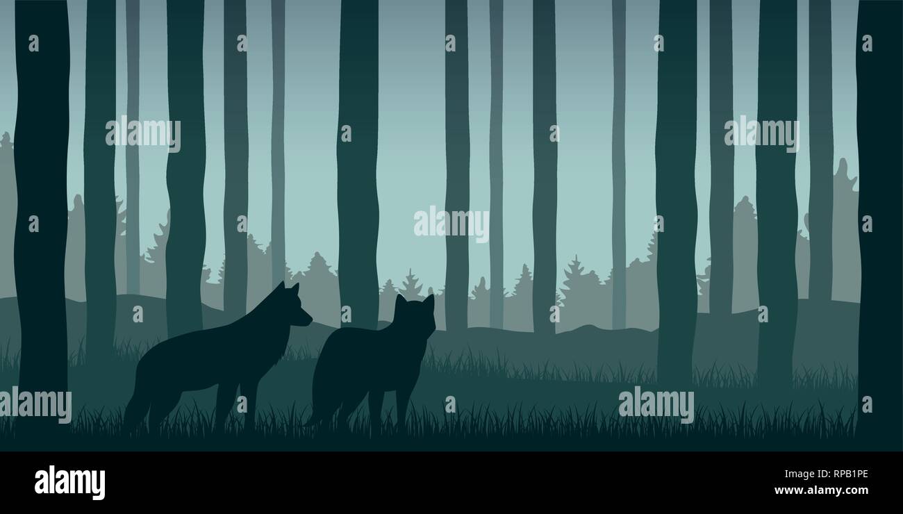 Deux loups dans la faune de la forêt verte nature paysage vector illustration EPS10 Illustration de Vecteur