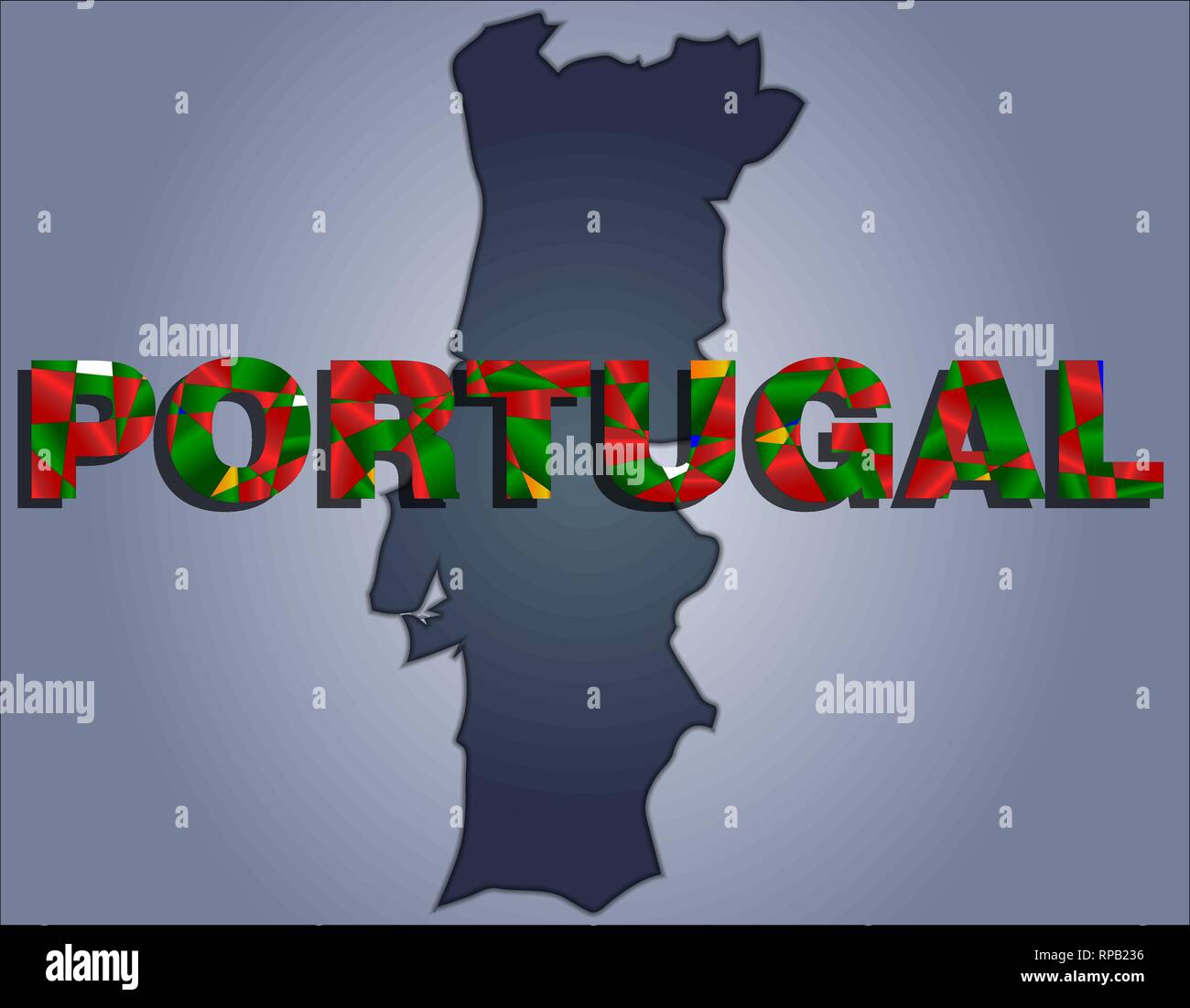 Les contours du territoire du Portugal dans les tons de gris et en couleurs de mot Portugal le drapeau officiel, vert, rouge, blanc Illustration de Vecteur