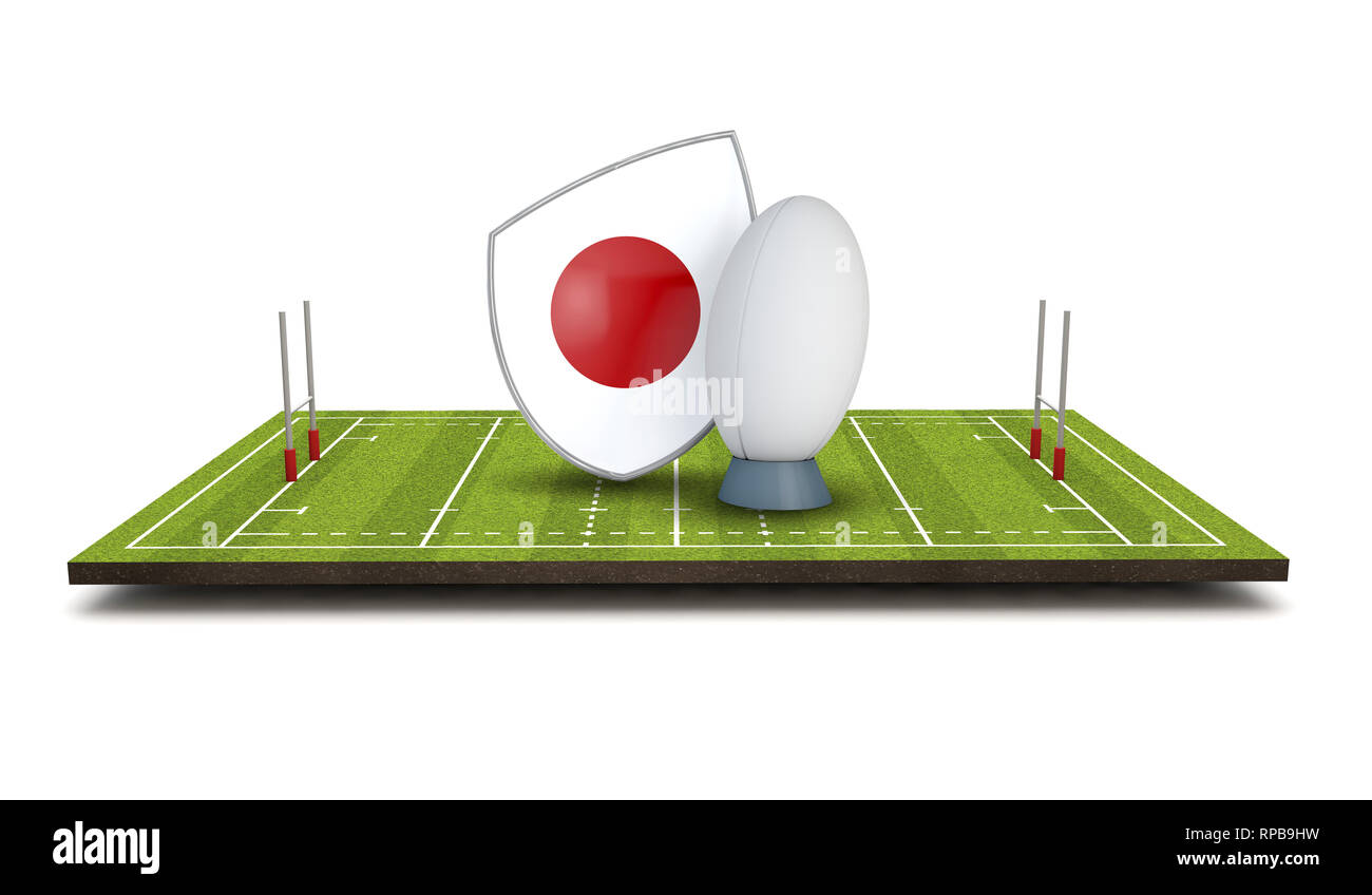 Le Japon rugby shield sur l'icône en forme de drapeau avec ballon de rugby. 3D Render Banque D'Images