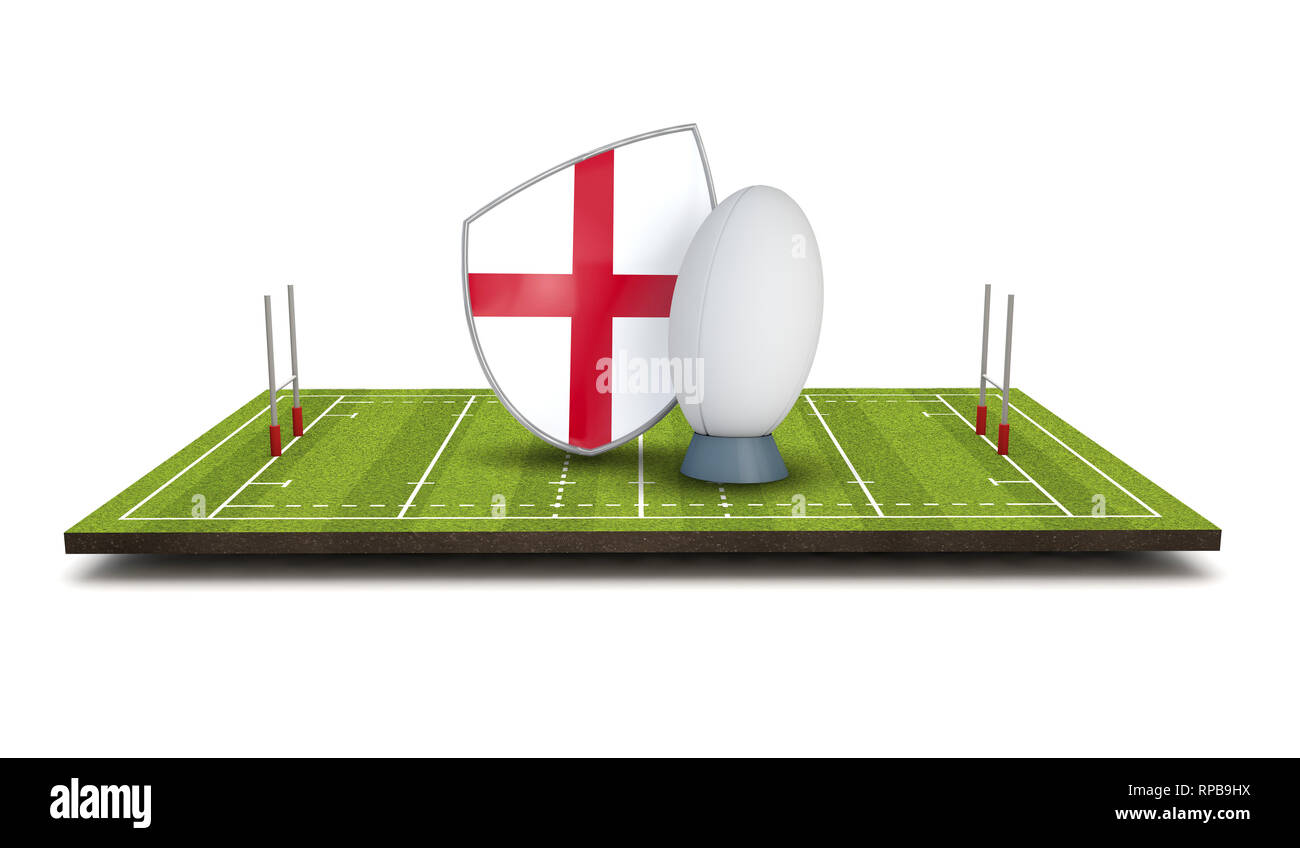 Bouclier rugby Angleterre icône drapeau avec ballon de rugby. 3D Render Banque D'Images