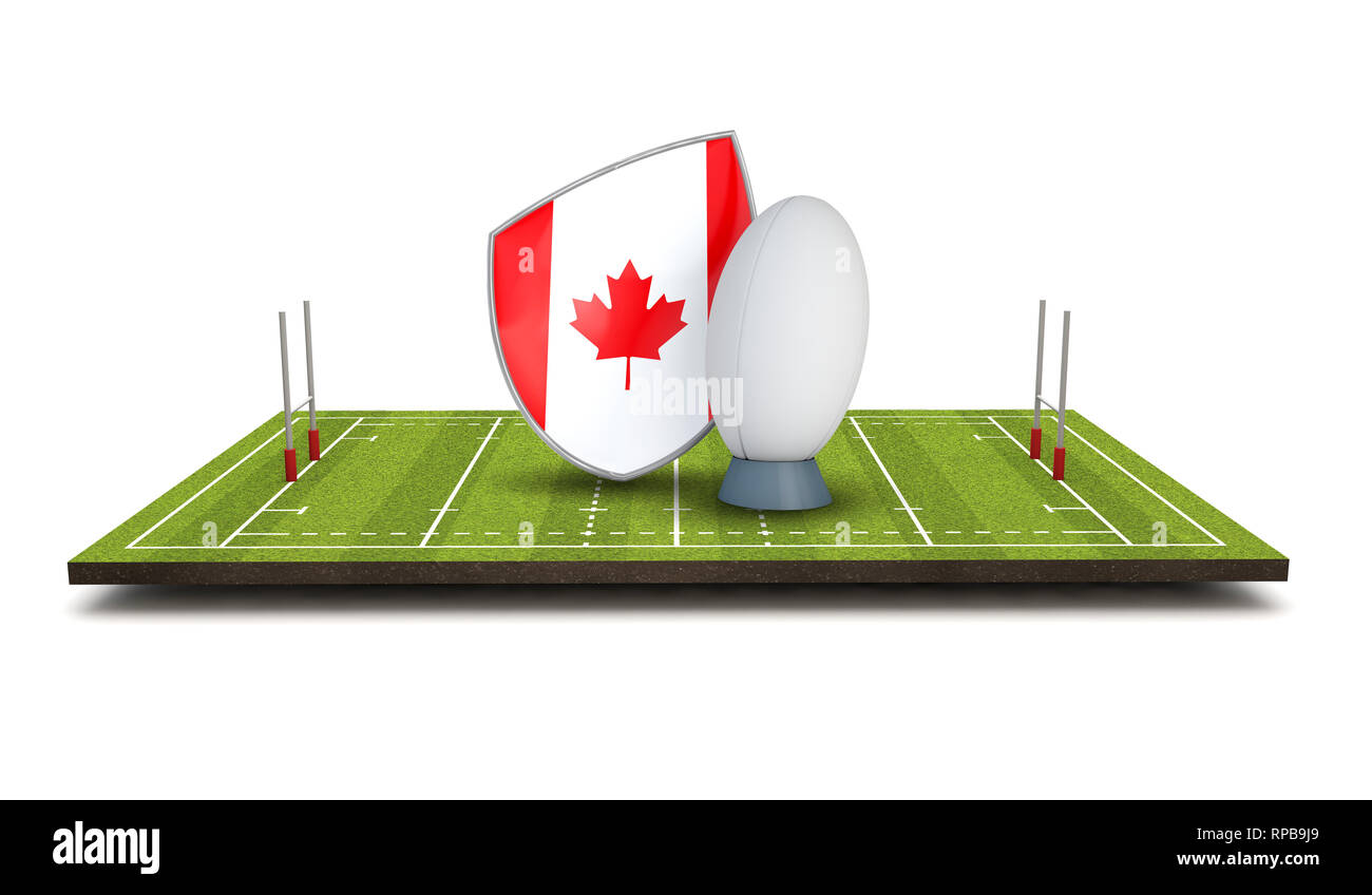 Bouclier Rugby Canada icône drapeau avec ballon de rugby. 3D Render Banque D'Images