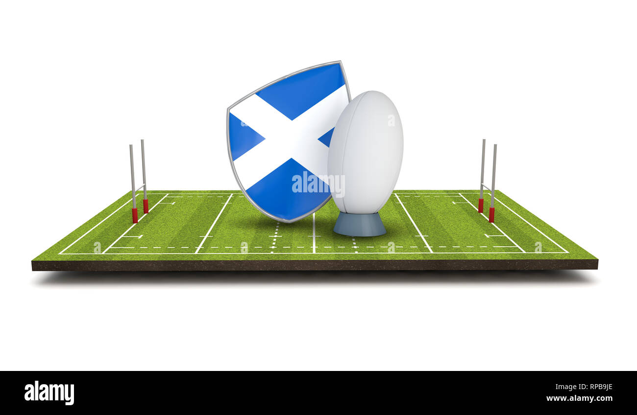 Bouclier Rugby Ecosse icône drapeau avec ballon de rugby. 3D Render Banque D'Images