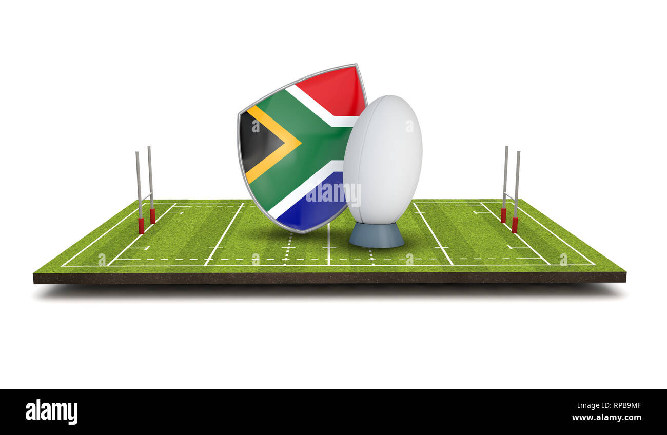 Afrique du Sud rugby shield sur l'icône en forme de drapeau avec ballon de rugby. 3D Render Banque D'Images