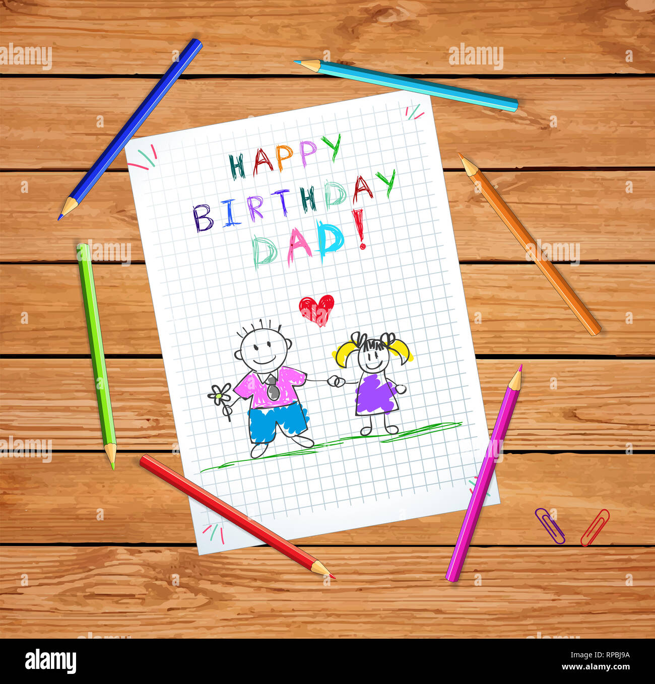 Joyeux Anniversaire Papa Les Enfants Dessines A La Main En Couleurs Illustration De Pere Et Fille Ont Ensemble Fleurs Coeur Entre Ordinateur Portable Carre Feuille De P Photo Stock Alamy