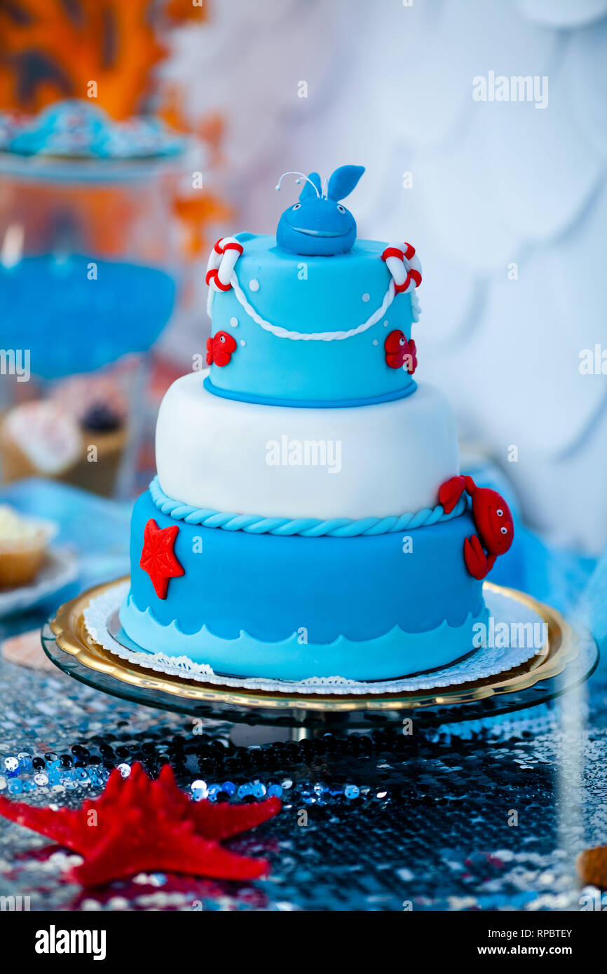 Bleu Et Blanc Enorme Gateau Sucre Avec Du Crabe Poissons Etoiles De Mer Et Des Baleines Drole Sur Le Dessus Saison D Ete Delicieux Sur La Partie Le Temps De Mer Theme Sur
