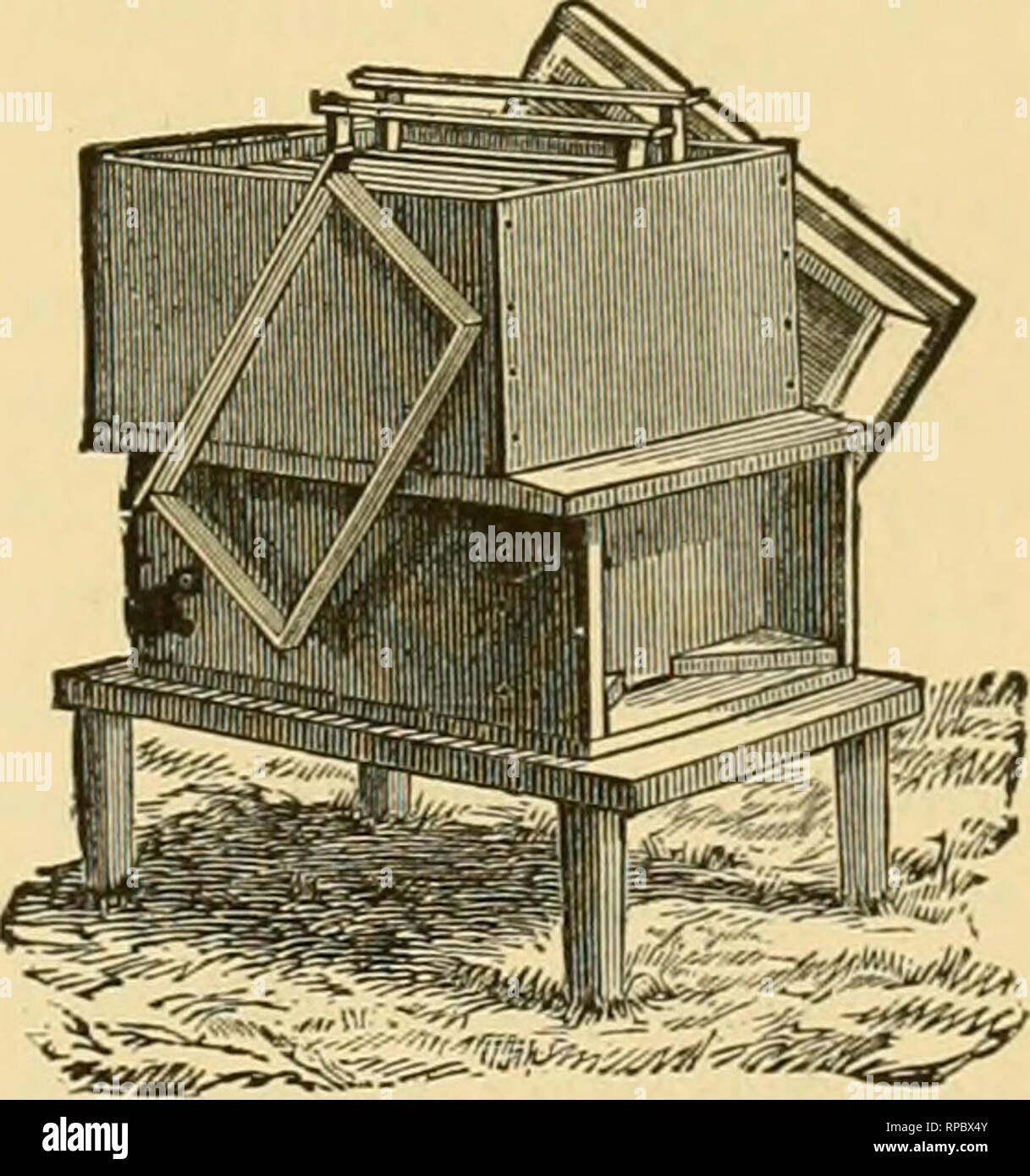 . L'agriculteur américain's pictorial cyclopedia de live stock ... L'élevage, la médecine vétérinaire. Le chapitre II. Le GElTERAIi BIANAGEMENT D'ABEILLES. De l'urticaire. II. Nombre d'essaims UTILEMENT CONSERVÉS SUR UNE FERME. III. Essaimage. IV. De nouveaux essaims de défaisance. C. PRENDRE LE MIEL. VI. J'HIVERNAGE5SEE.--VII. Met en ŒUVRE D'UTILISATION. VIII. Un essaim de mère. IX. La fixation RAYONS VIDES DANS DES CADRES. L'ALIMENTATION DES ABEILLES. X. XI. Ennemis des abeilles. XII. FOUL BROOD. XIII. CONCLUSION. I. L'urticaire. Quelle que soit la ruche utilisée à la case de fermeture à l'ancienne ruche est maintenant-a-jours ol)solete-la simplicité est la principale caractéristique de bo considéré par l'agriculteur. N'ont pas Banque D'Images