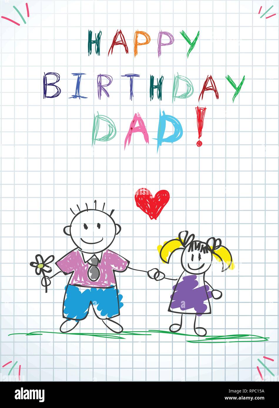 Joyeux Anniversaire Papa Colores Enfants Hand Drawn Vector Illustration De Pere Et Fille Ont Ensemble Fleurs Coeur Entre Elle Portable Carre Image Vectorielle Stock Alamy