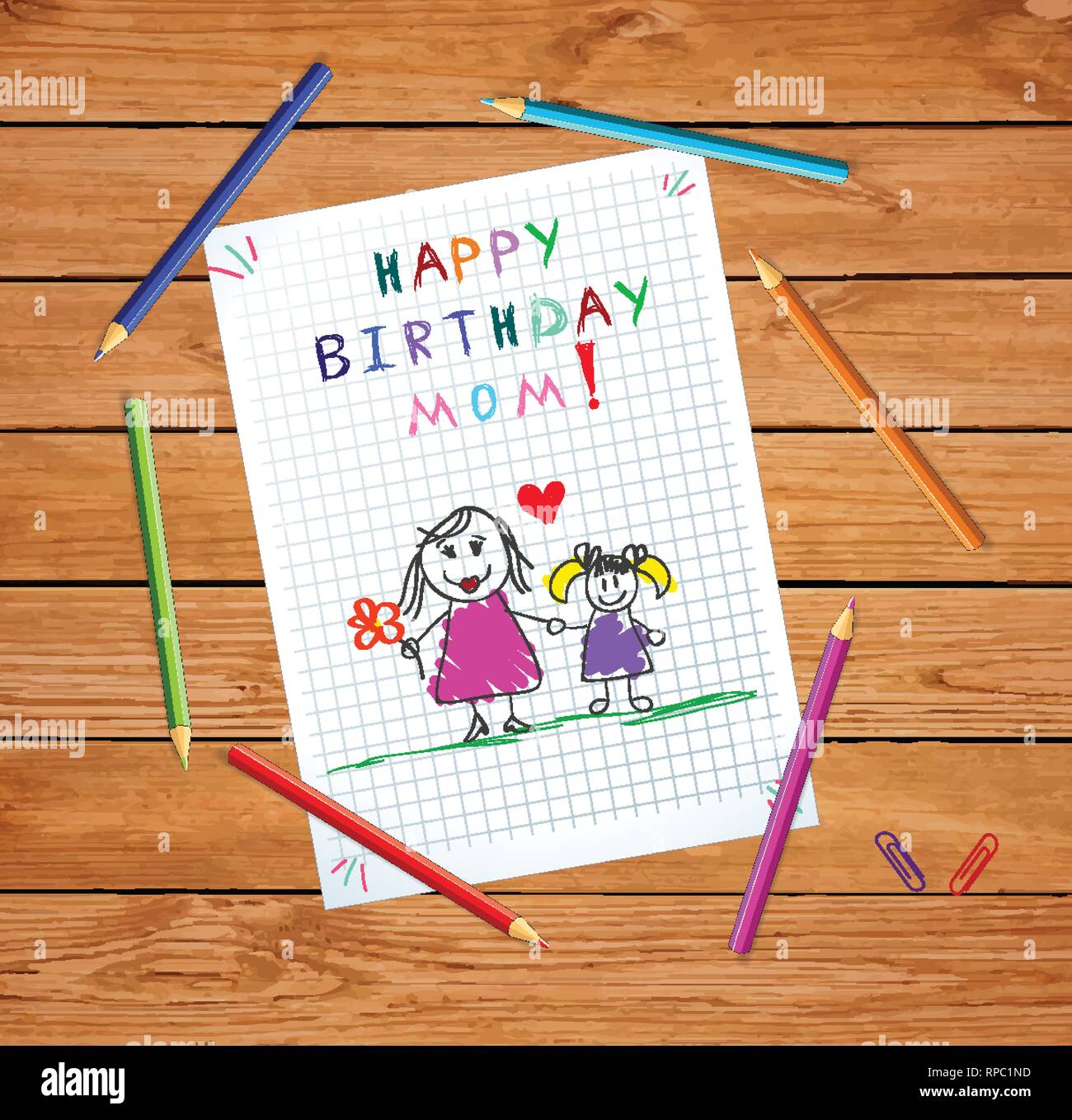Joyeux Anniversaire Maman Colores Enfants Hand Drawn Vector Illustration De La Mere Et La Fille Ensemble Sur Ordinateur Portable Sur Feuille Quadrillee Avec Table Bois Colo Image Vectorielle Stock Alamy