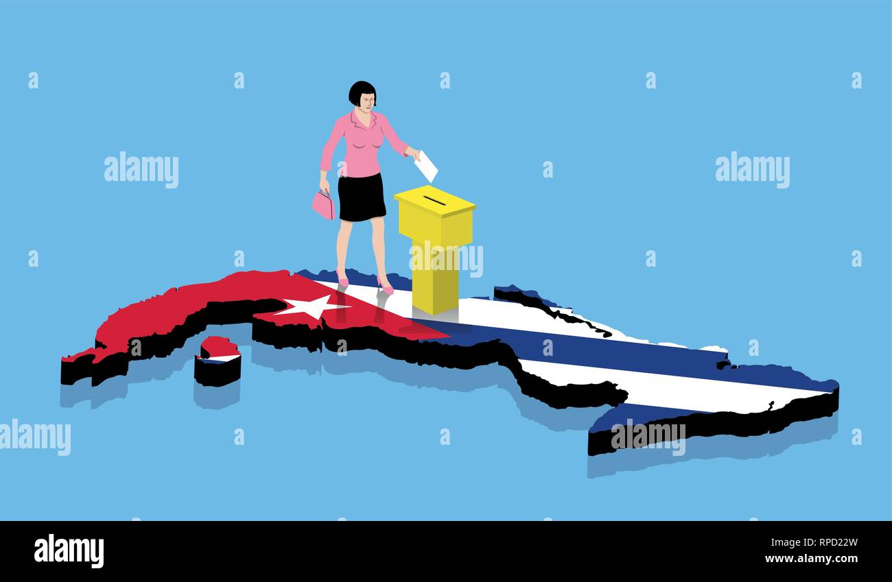 Femme Cubains votent sur une carte de Cuba comme drapeau cubain. Tous les objets, les ombres et l'arrière-plan sont dans des couches différentes. Illustration de Vecteur