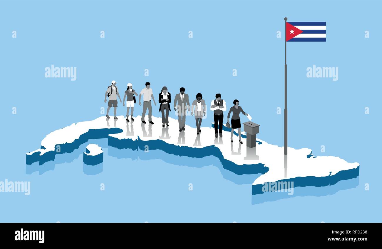 Les citoyens cubains votent en urne sur une carte de Cuba. Tous les objets, les ombres et l'arrière-plan sont dans des couches différentes. Illustration de Vecteur