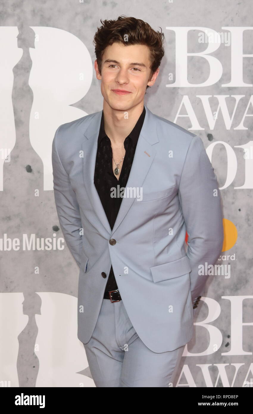 Shawn Mendes vu sur le tapis rouge lors des Brit Awards 2019 à l'O2, Peninsula Square à Londres. Banque D'Images