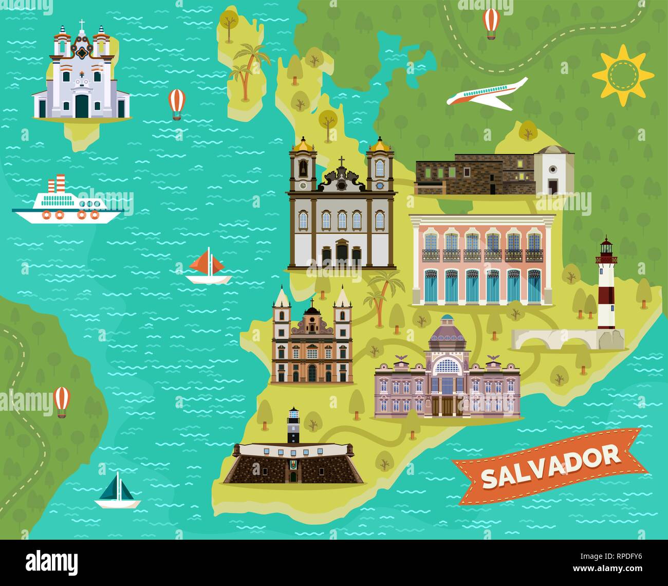 Des repères, des lieux touristiques sur la carte de Salvador Illustration de Vecteur