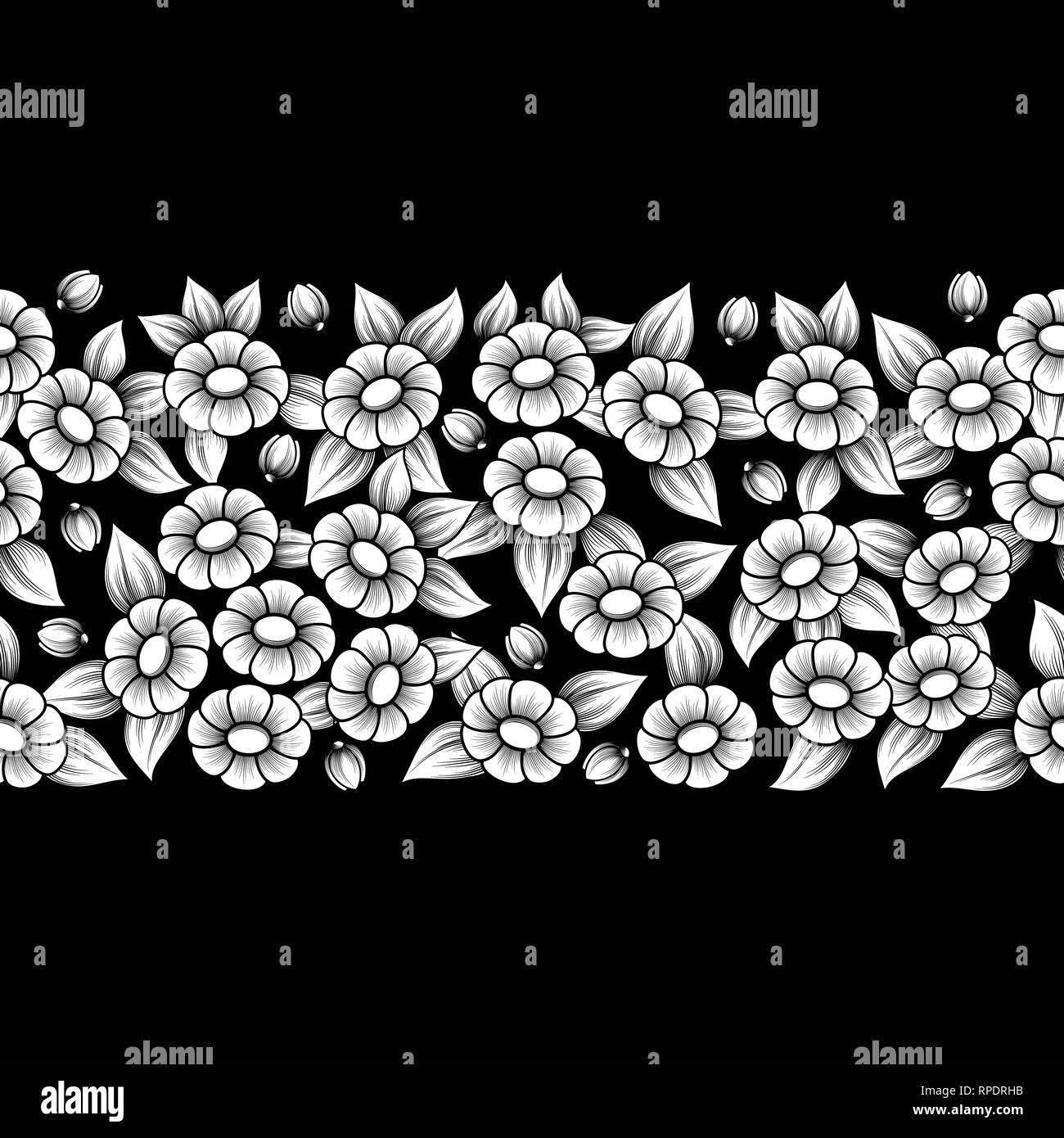 Floral blanc motif horizontal avec des feuilles et fleurs isolé sur fond noir Illustration de Vecteur