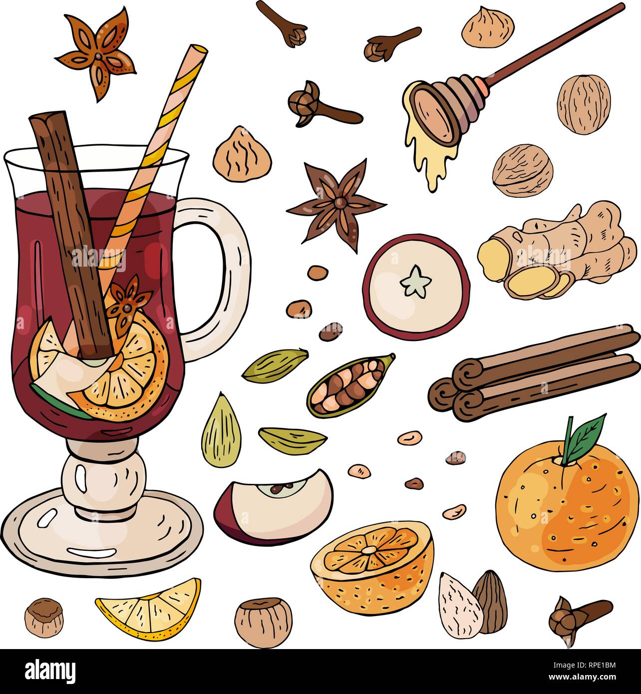 Vin chaud à la main. Ingrédients et épices pour vin chaud épicé sur un fond blanc. Illustration de Vecteur