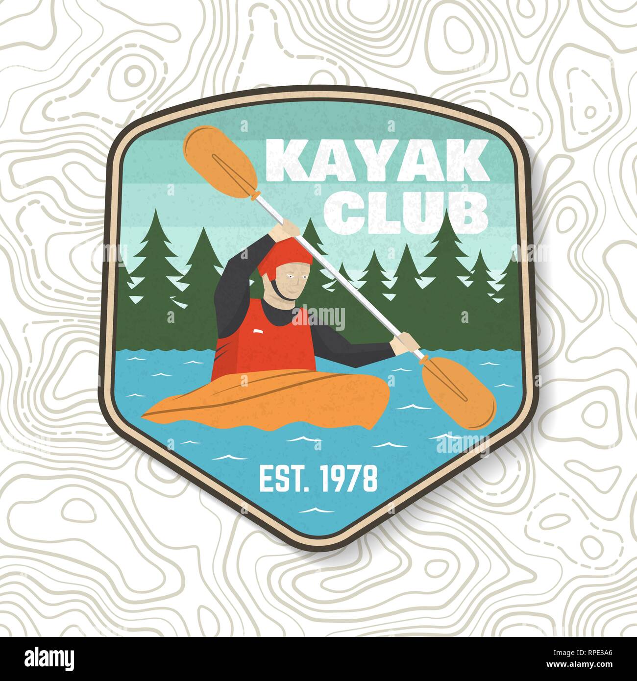 Kayak Club patch. Vector illustration. Concept pour chemise, imprimer, stamp ou tee. Typographie vintage design avec la kayakiste silhouette. Eau extrême sport. Emblèmes de l'aventure de plein air, kayak de correctifs. Illustration de Vecteur