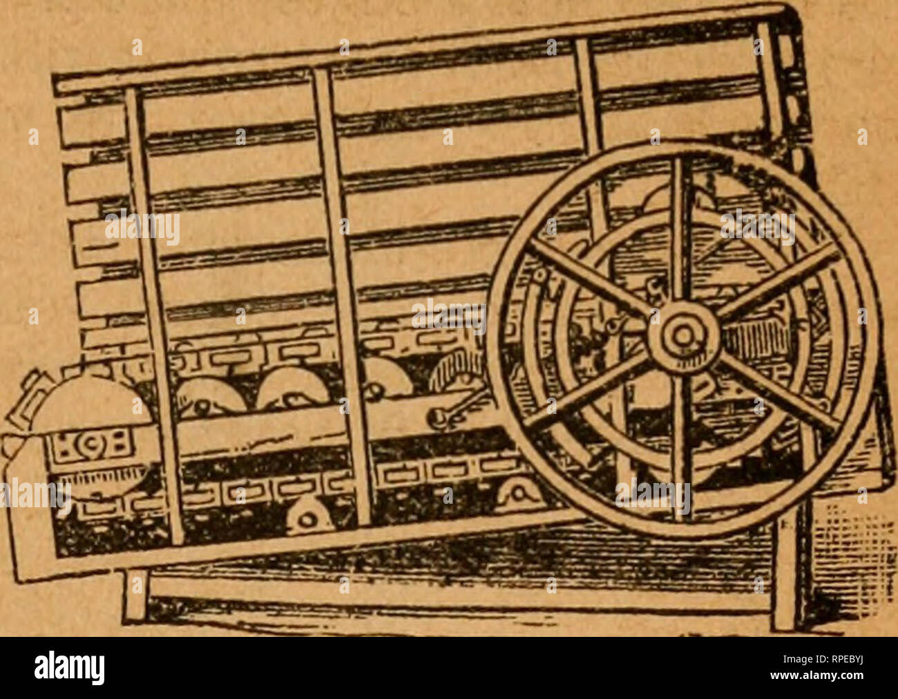 . L'American Farm et stock manuel. L'agriculture, l'économie domestique. Les outils agricoles. 346. bord. Les rouleaux qui soutiennent le poids du cheval peut être plus grand, plus fort, et plus facile d'exécution que celui où les rouleaux sont fixés sur les chaînes. Pour un frein de réguler la vitesse de la machine, un couple de centri- fugal leviers sont pivoté pour un couple des bras du volant moteur, et ayant une brakeshoe sur le bras court d'agir sur une jante de friction fixé au châssis, les longs bras des leviers étant connecté à la bascule bar par les tiges, et sur le couvre-culasse, l'un des leviers est connecté par un sprin Banque D'Images