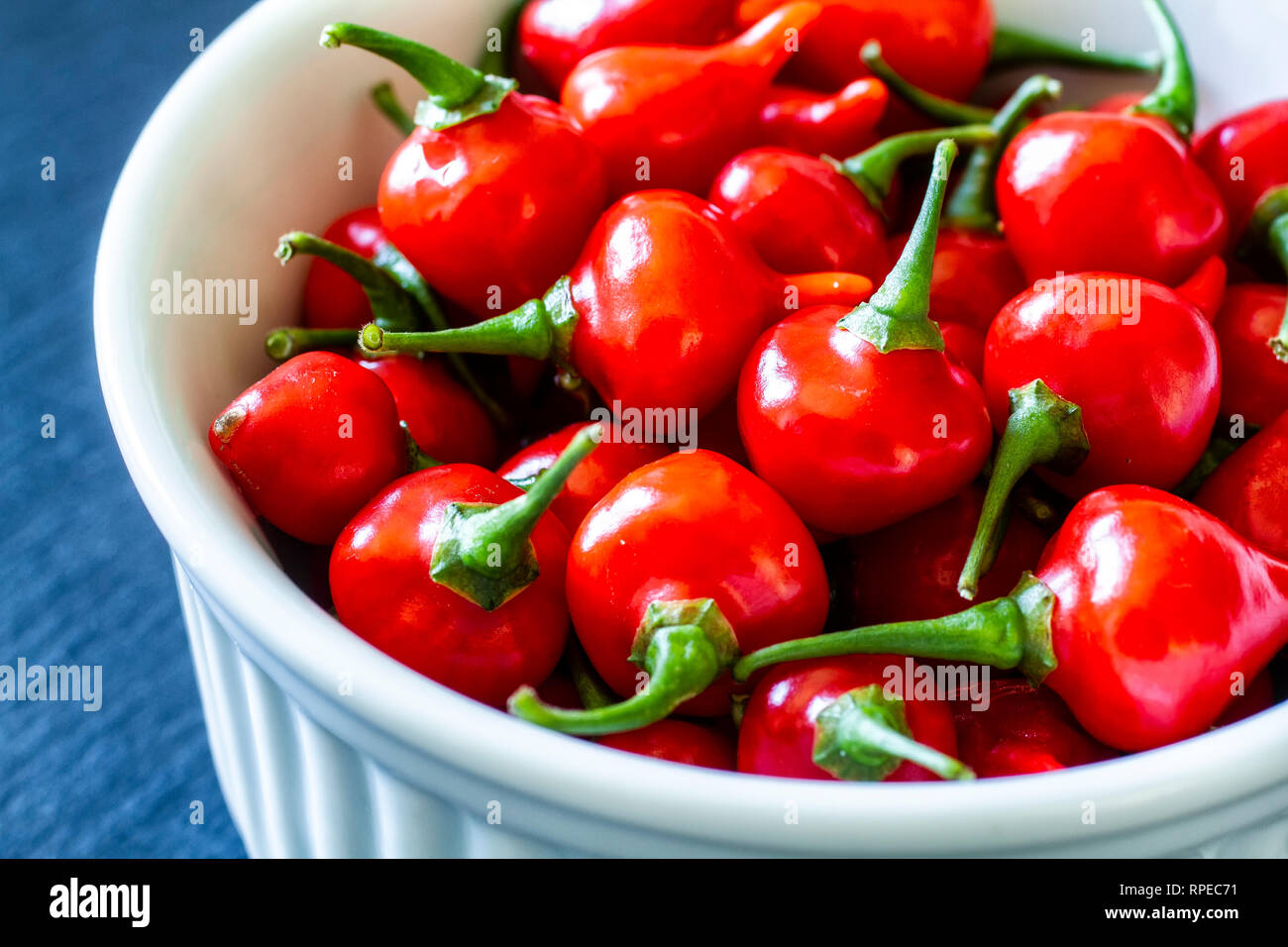 Piments rouges biquinho (Capsicum chinense) dans un bol blanc. Banque D'Images