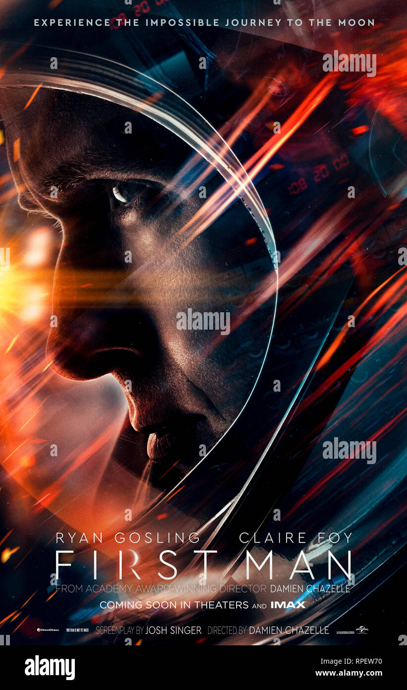 Premier homme (2018) réalisé par Damien Chazelle et mettant en vedette Ryan Gosling, Claire Foy et Jason Clarke. Biopic sur Neil Armstrong et la mission qui lui a pris à la lune. Banque D'Images