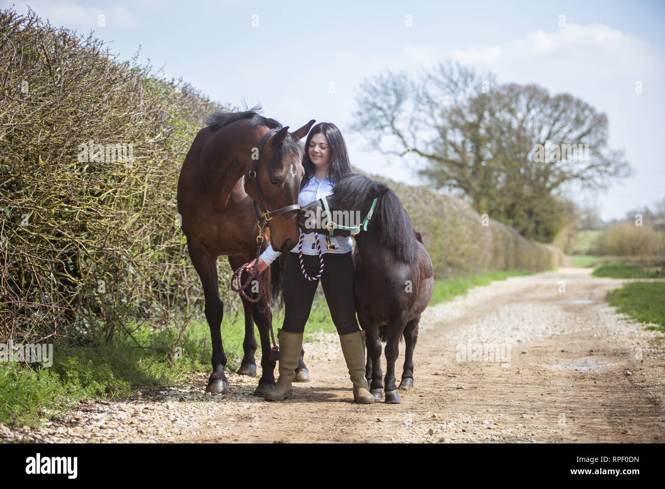 Young Caucasian Girl standing / marche avec son cheval Banque D'Images