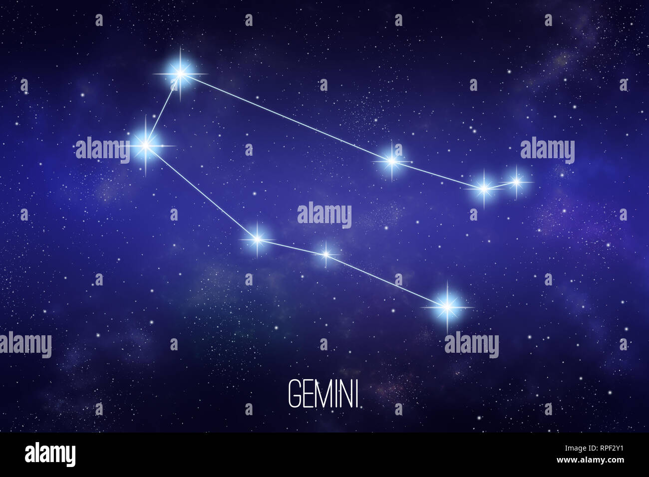 Gemini constellation du zodiaque sur un arrière-plan de l'espace étoilé avec lettrage Banque D'Images