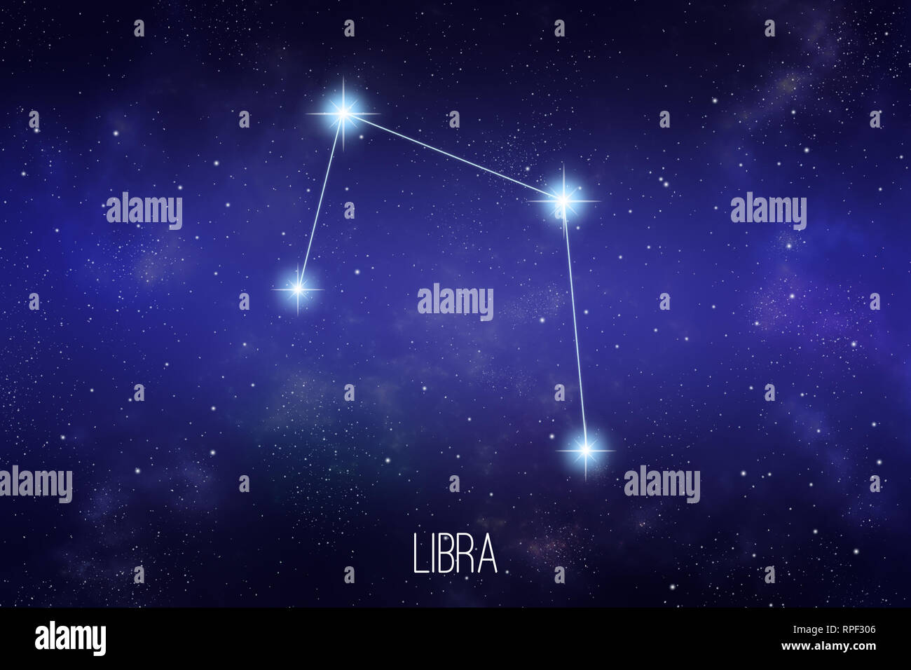 Constellation du zodiaque balance sur un arrière-plan de l'espace étoilé avec lettrage Banque D'Images