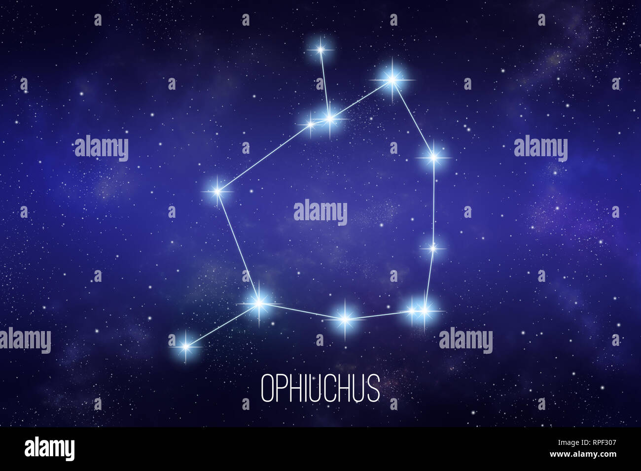 Ophiuchus constellation du zodiaque sur un arrière-plan de l'espace étoilé avec lettrage Banque D'Images