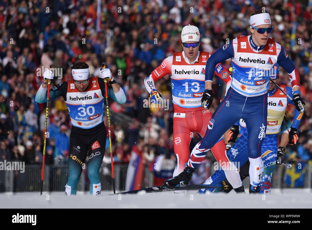 Seefeld, Autriche. Feb 21, 2019. James Clugnet de Grande-Bretagne à la tête d'un quart de finale de la chaleur à l'extérieur du stade de ski pendant les 1,6 kilomètres de course sprint hommes au monde 2019 championnats du monde de ski nordique. Crédit : John Lazenby/Alamy Live News Banque D'Images