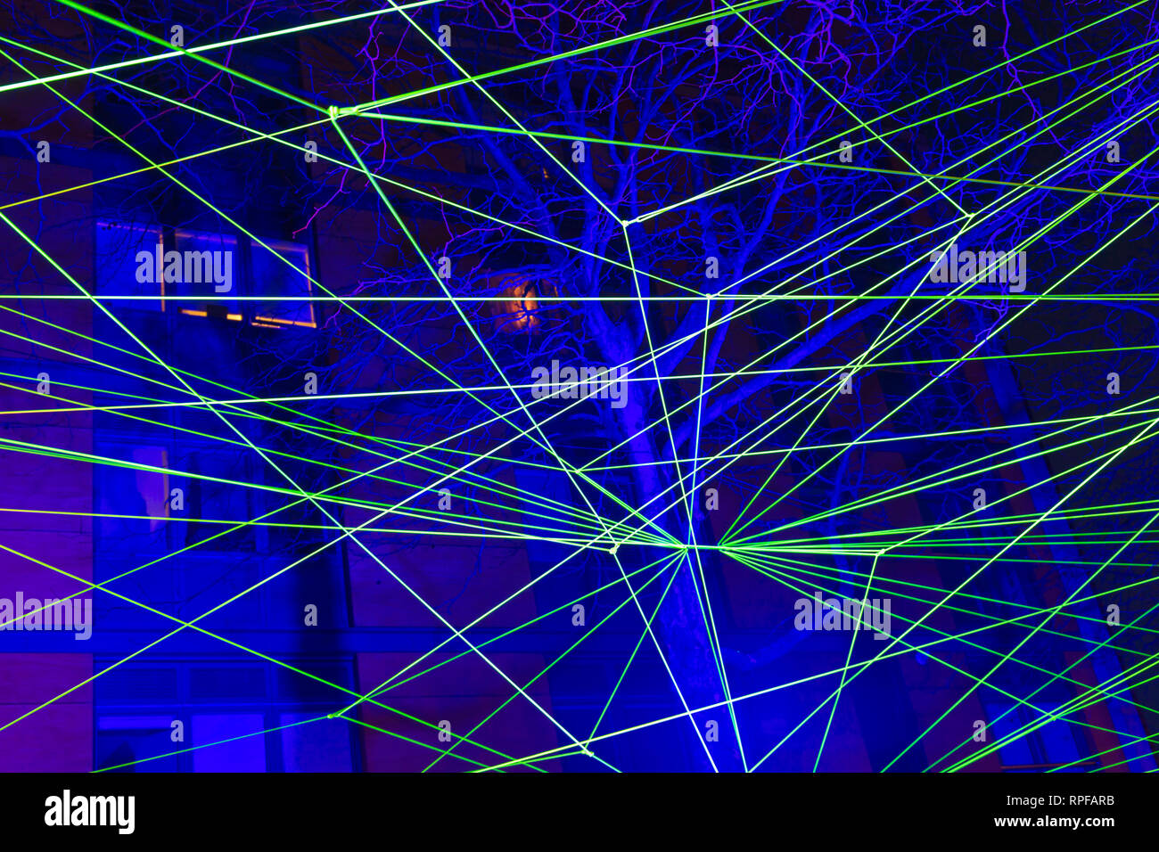 Poole, Dorset, UK. Feb 21, 2019. Light Up Poole. La tête aux visiteurs de faire l'expérience de la Poole lumière digital art festival qui se déroule dans divers endroits autour de Poole, d'éclairer, de-lumière et transformer le village. La nuit 3 festival présente le travail des artistes internationaux et émergents avec une série d'art de la lumière, des installations numériques et de participation. Rizoma par Tom et Lien Dekyvere une usine géante en tenant plus de la réflexion sur la société actuelle qui se confond avec la nature. Credit : Carolyn Jenkins/Alamy Live News Banque D'Images